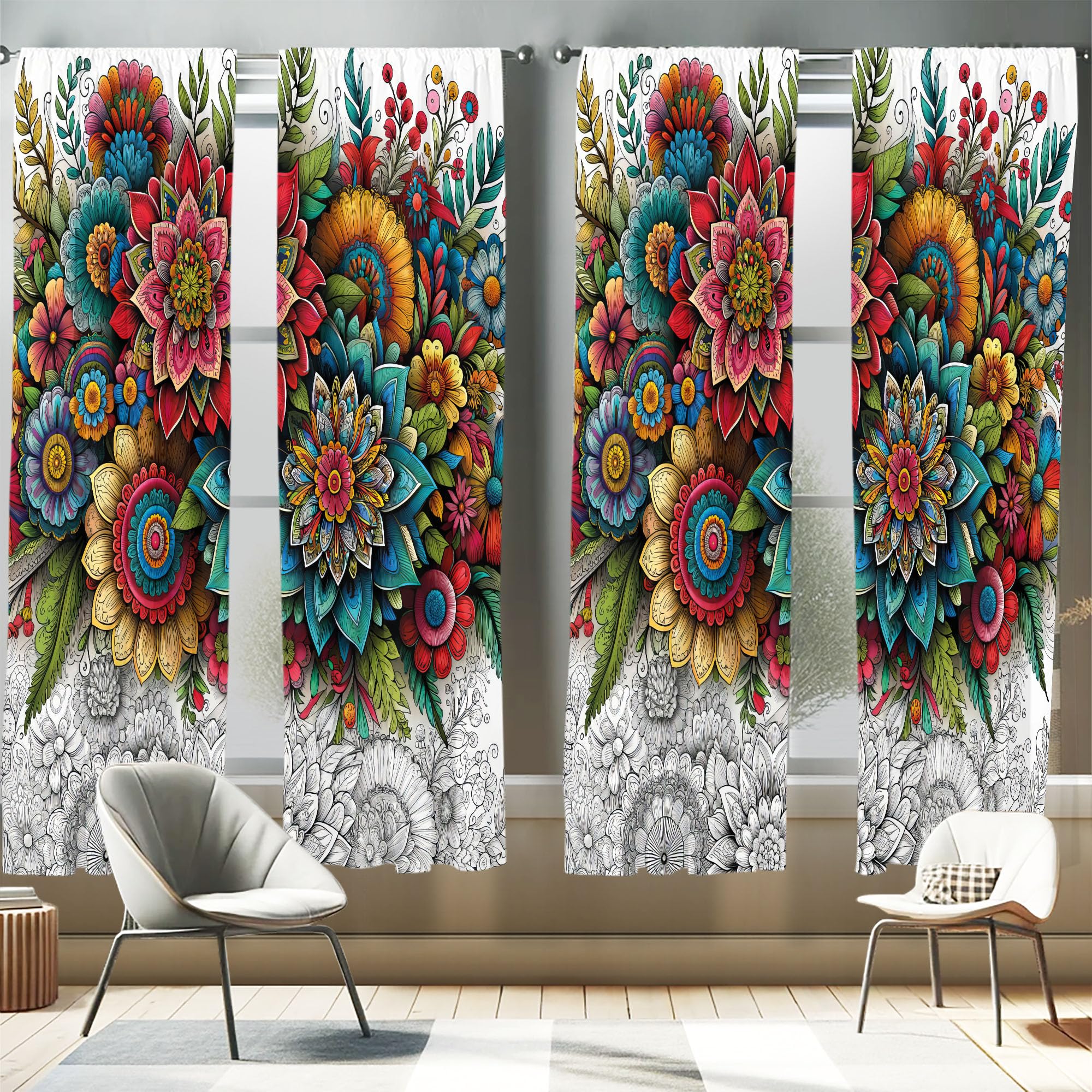 Ambesonne Modern Window Curtains Pack of 2, Jumble Colors Illustration of Oriental Floral Motif with Greenery Leaves, Lightweigh