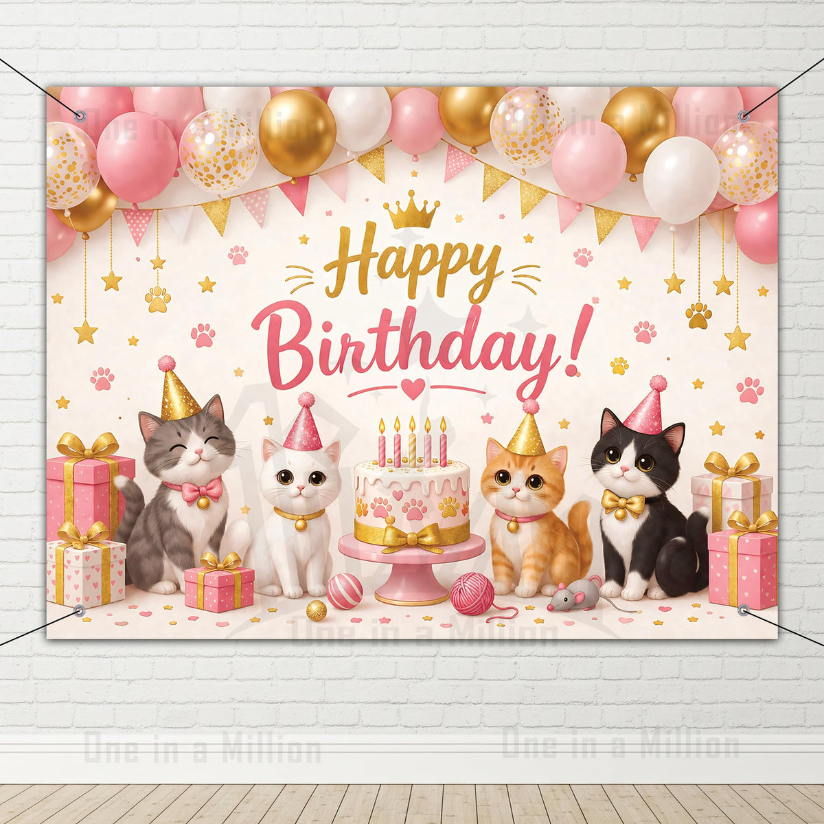 1iAM Cats Birthday Flex Decoration Items Pack of 6 | 1pc Unique HAPPY BIRTHDAY Cat Printed Pink Flex Backdrop, Hooks & Ribbon