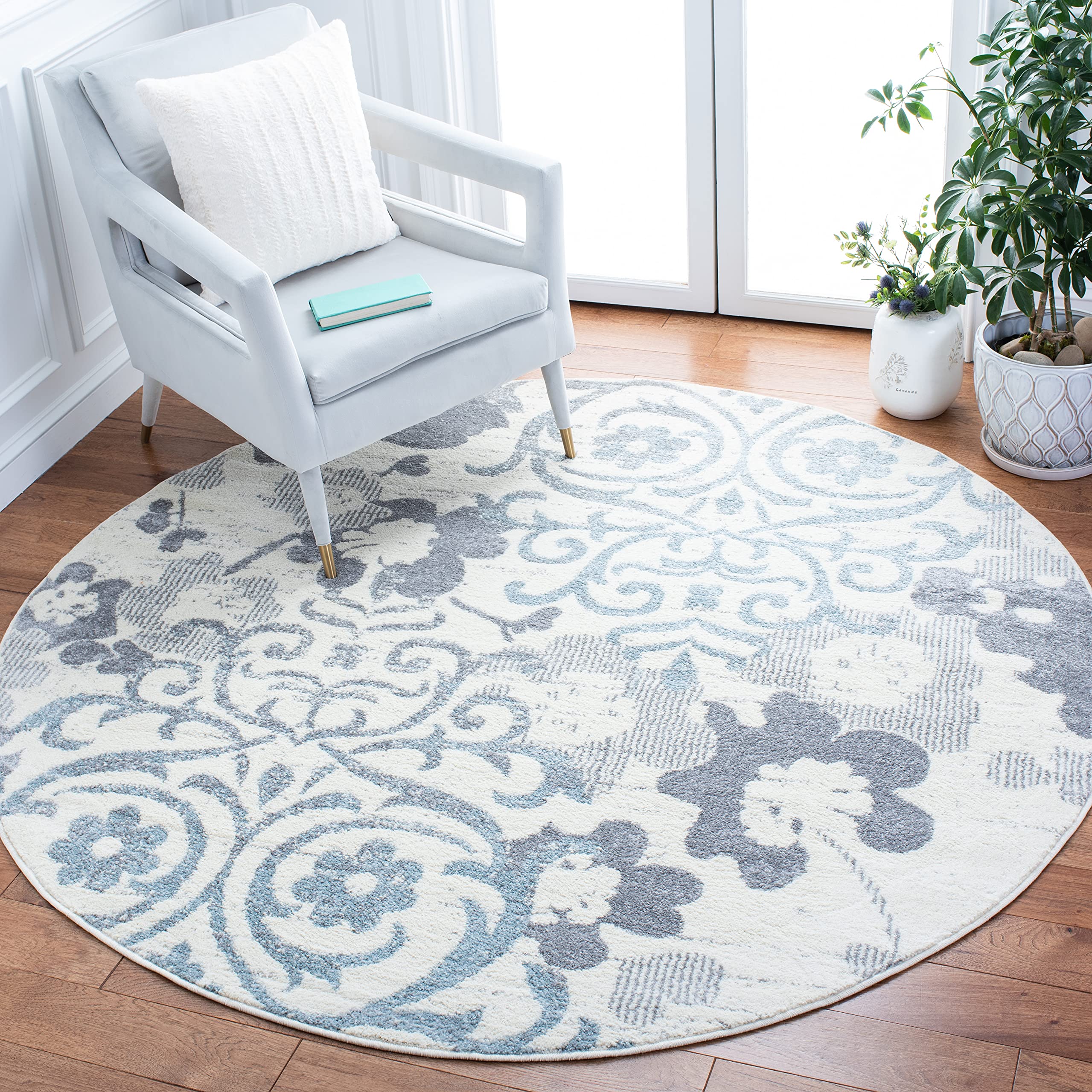 SAFAVIEH Adirondack Collection Area Rug - 8 Round, Ivory & Grey, Floral Glam Damask Distressed Design, Ideal for High Traffic A