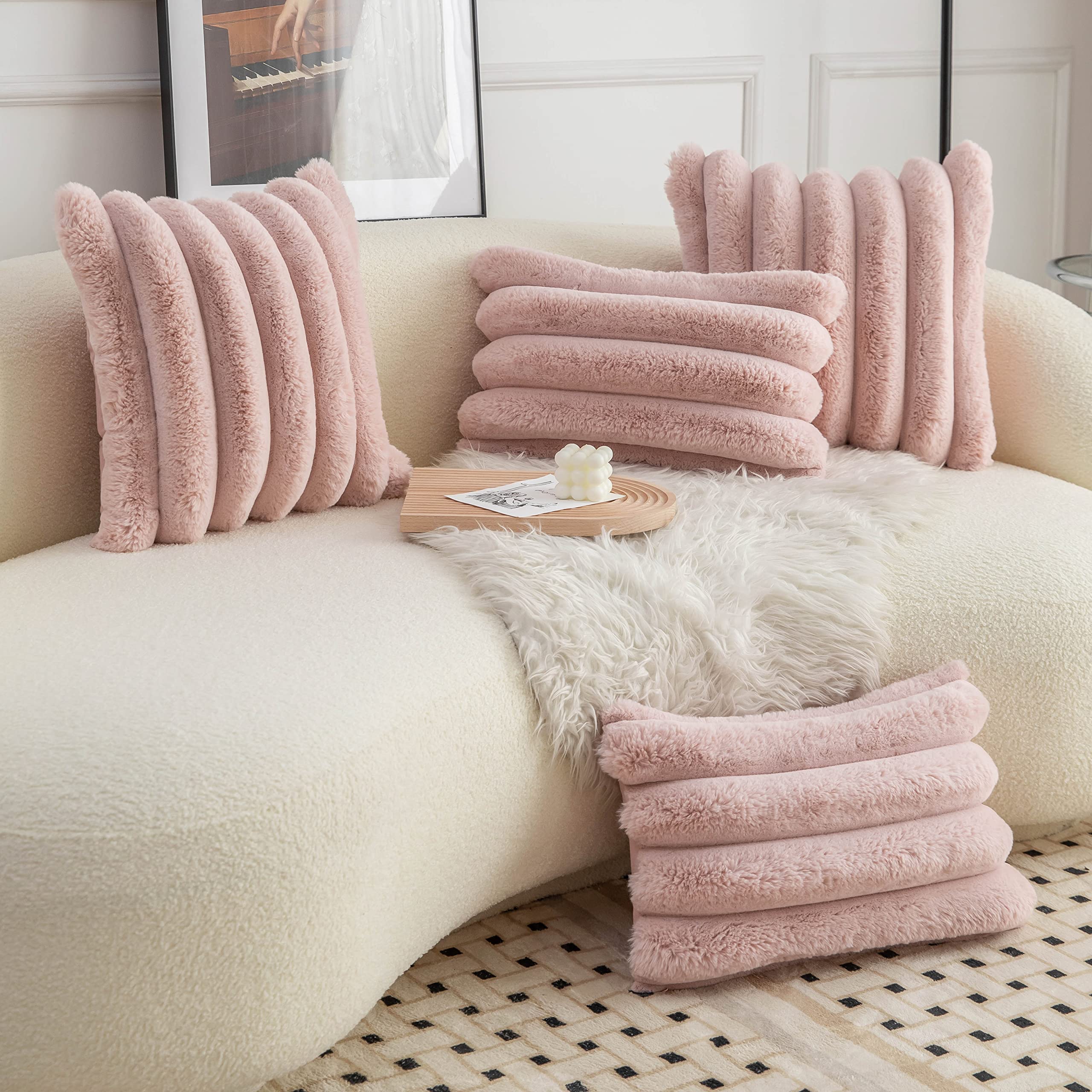 Neelvin Pink Faux Fur Cozy Soft Striped Decorative Throw Pillow Covers 20X20 Inch Set Of 2,Velvet Pillowcase Cushion Case For So