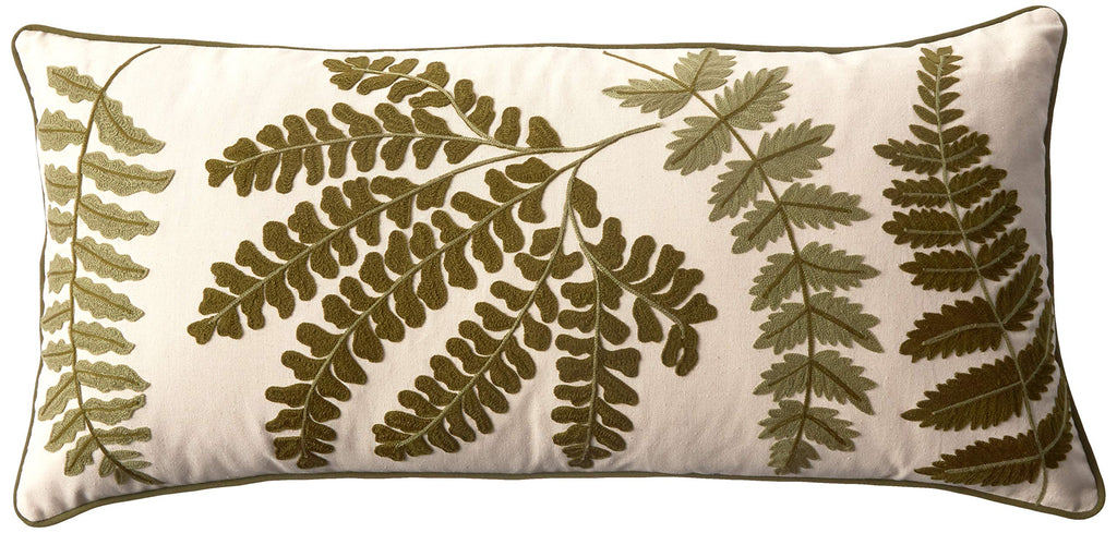 Creative Co-Op White Rectangle Cotton Pillow With Embroidered Green Ferns