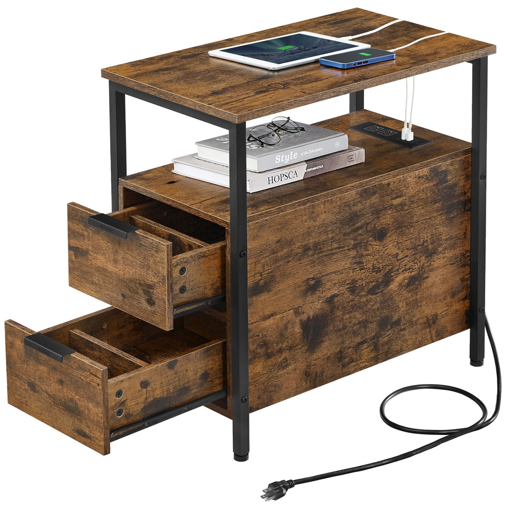 Vasagle Side Table With Charging Station, Narrow End Table With 2 Drawers, Slim Nightstand And Bedside Table With Storage, For Small Spaces, Rustic Brown + Black