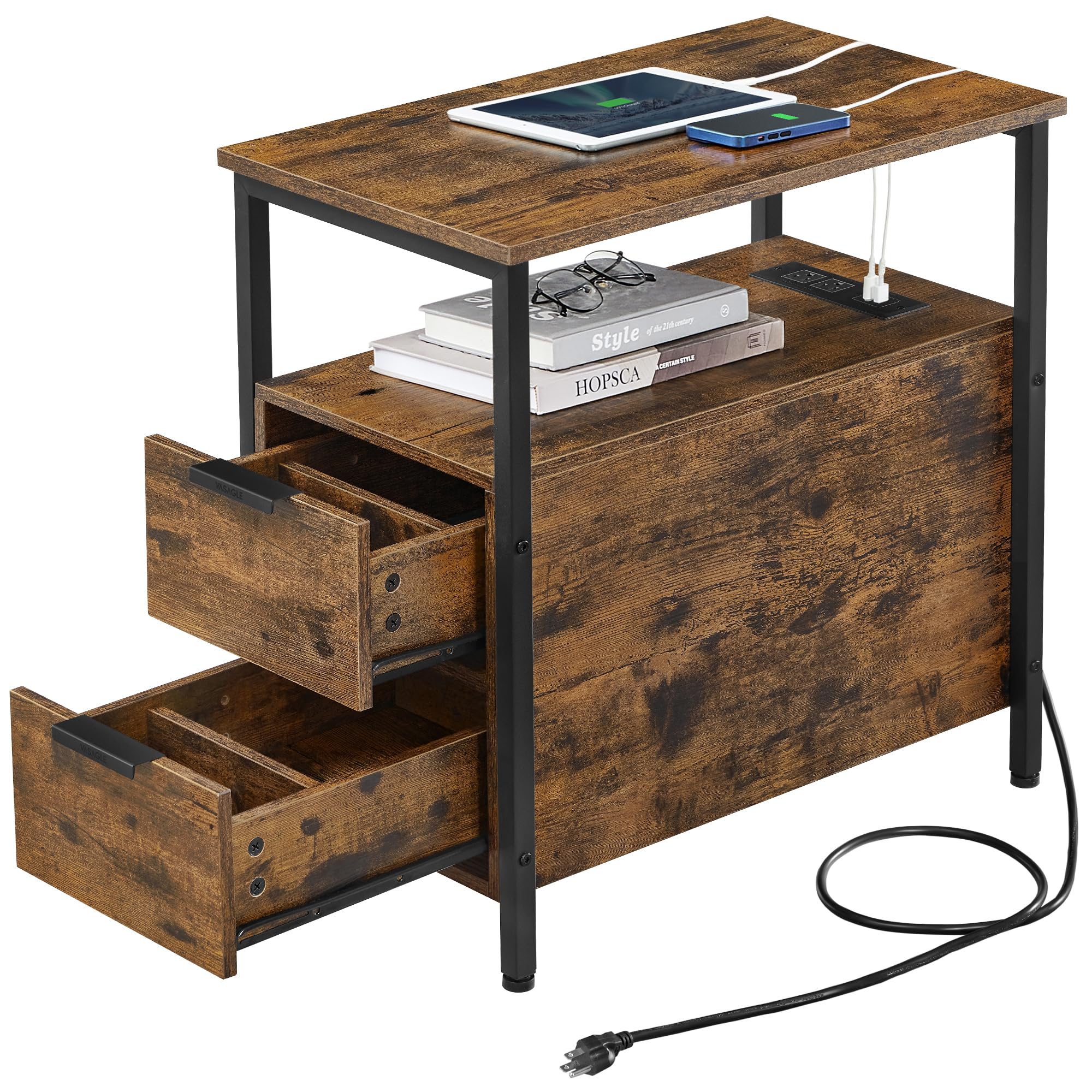 Vasagle Side Table With Charging Station, Narrow End Table With 2 Drawers, Slim Nightstand And Bedside Table With Storage, For Small Spaces, Rustic Brown + Black