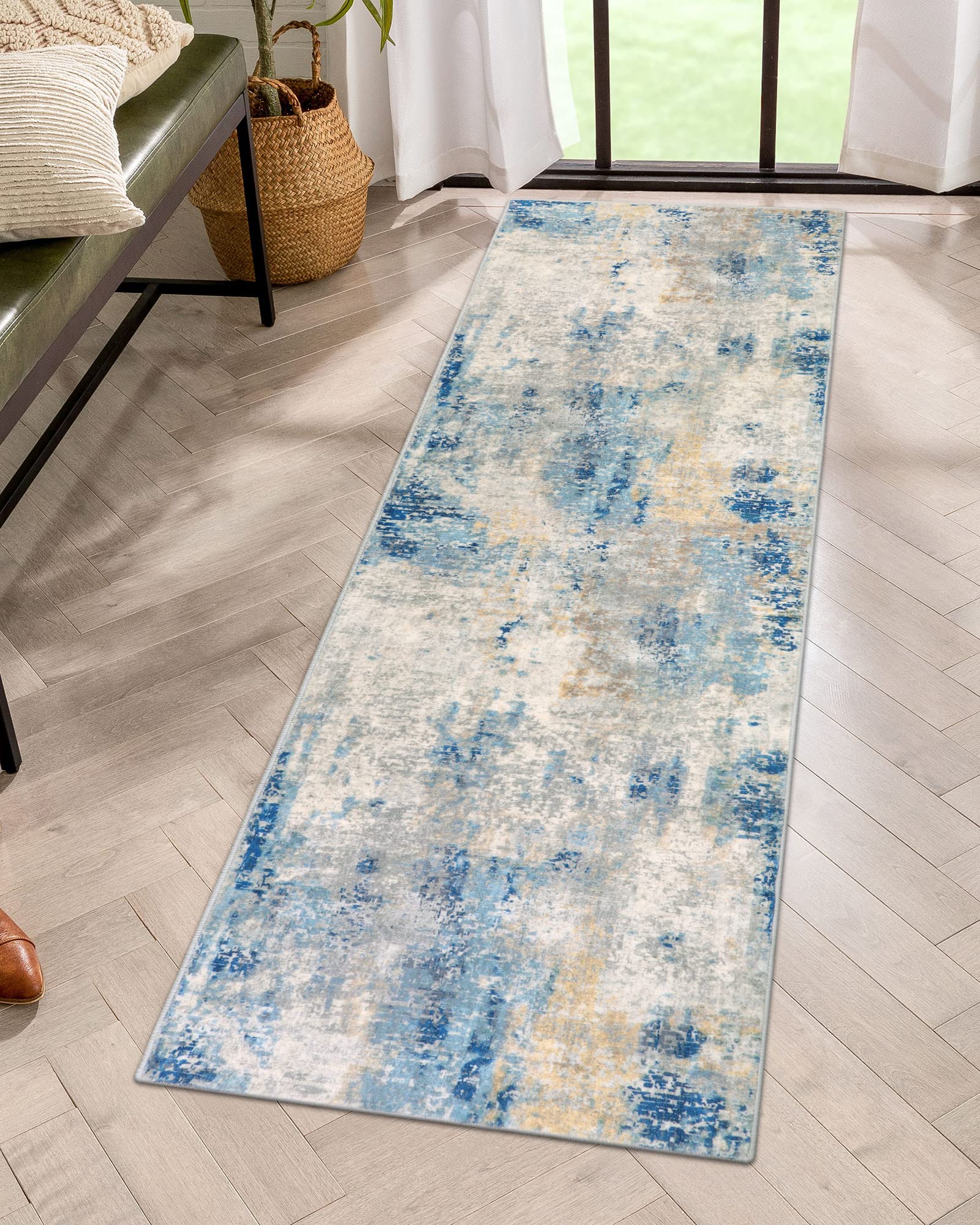 Lahome Modern Abstract Blue Bathroom Runner Rug, 2x6 Washable Long Hallway Rug Runner, Soft Non Slip Blue Floor Accent Carpet Ru