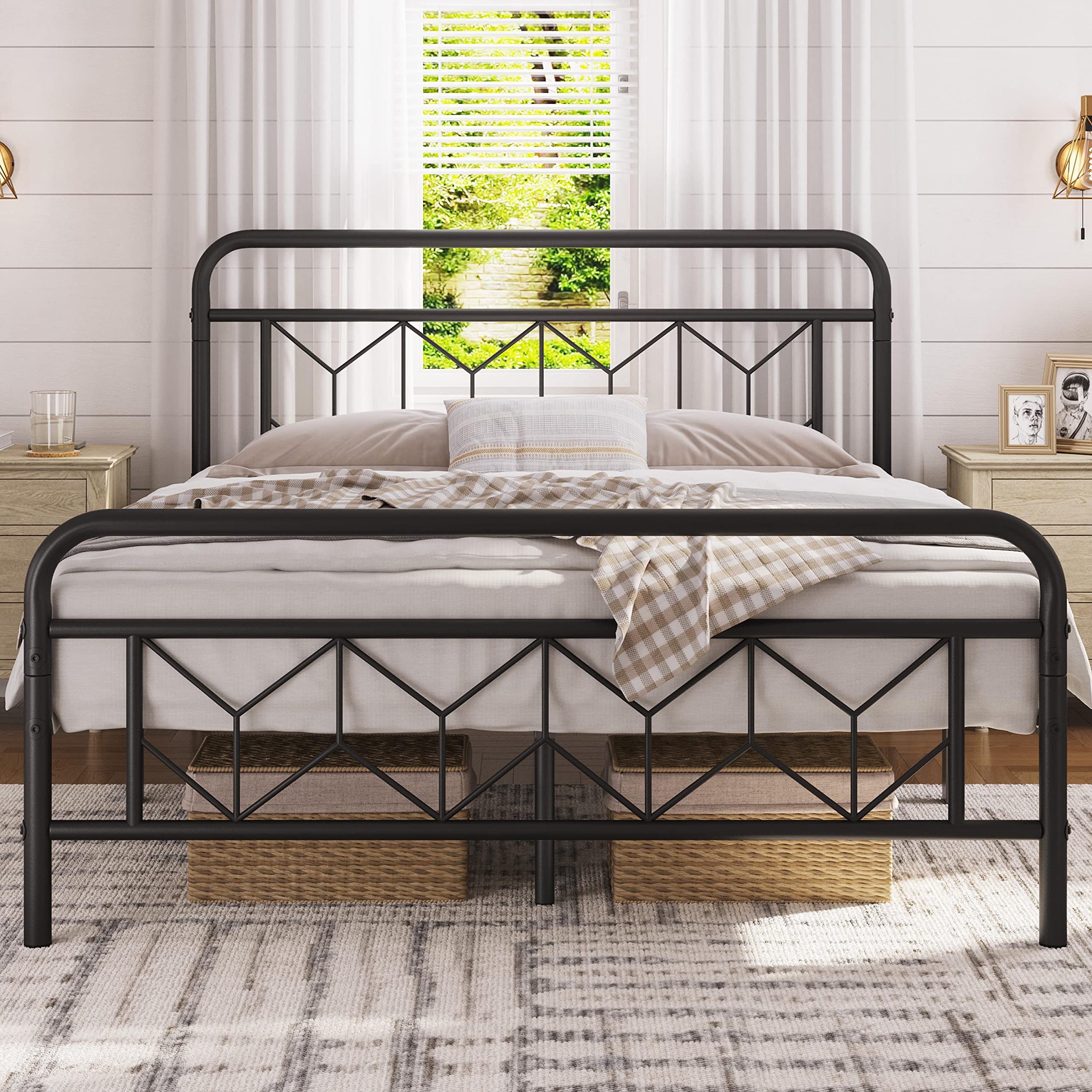 Topeakmart Full Bed Frames Metal Platform Bed with Vintage Style Headboard/Mattress Foundation/No Box Spring Needed/Under Bed St