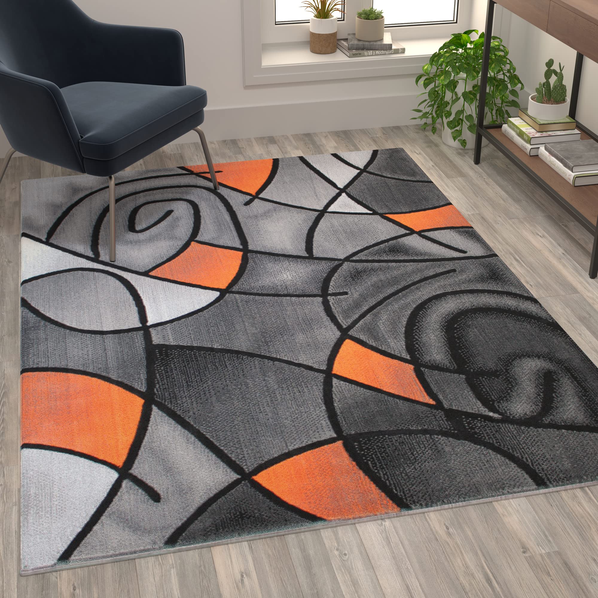 Flash Furniture Jubilee Collection Abstract Area Rug - Colorfast Orange Olefin Rug - 5' X 7' Area Rug - Jute Backing - Living Room, Bedroom, & Family Room