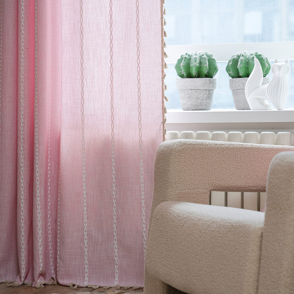 Sutuo Home Boho Curtains For Bedroom 96 Inches Long, Light Filtering Farmhouse Shabby Chic Tassels Window Treatment Bohemian Embroidery Drape, Rod Pocket 1 Panel 52' W X 96' L, Pink