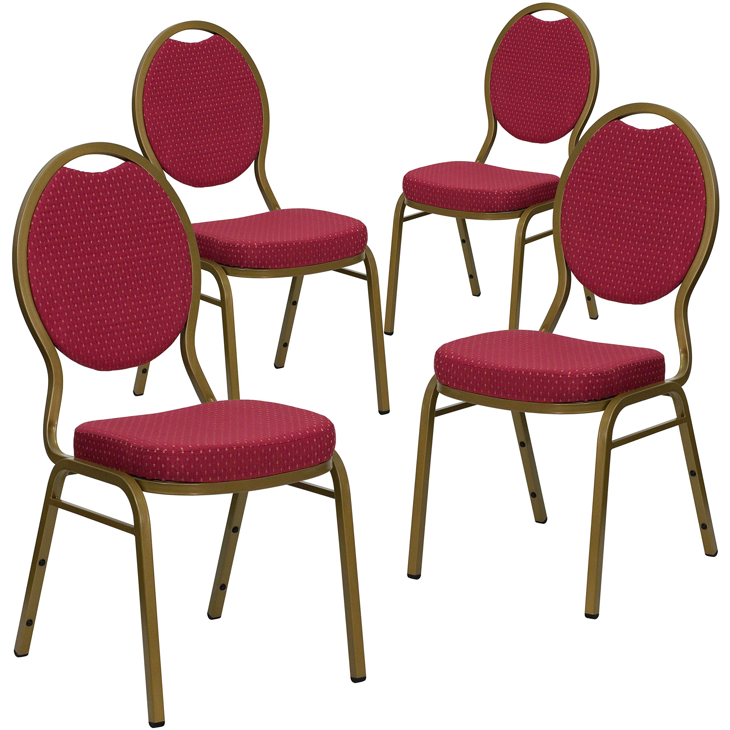 4 Pk. Teardrop Back Stacking Chair with Burgundy Patterned Fabric - Gold Frame