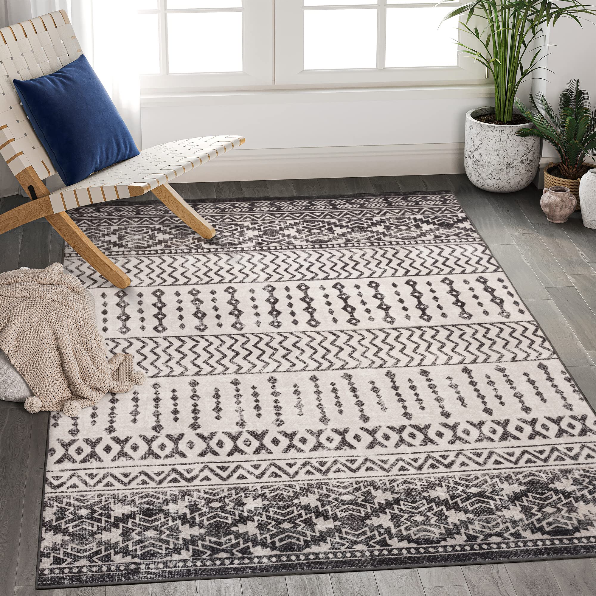 Art&Tuft 8x10 Area Rug, Super Soft Ultra-Thin Moroccan Washable Rug, Anti-Slip Backing Rugs for Living Room, Foldable Geometric 
