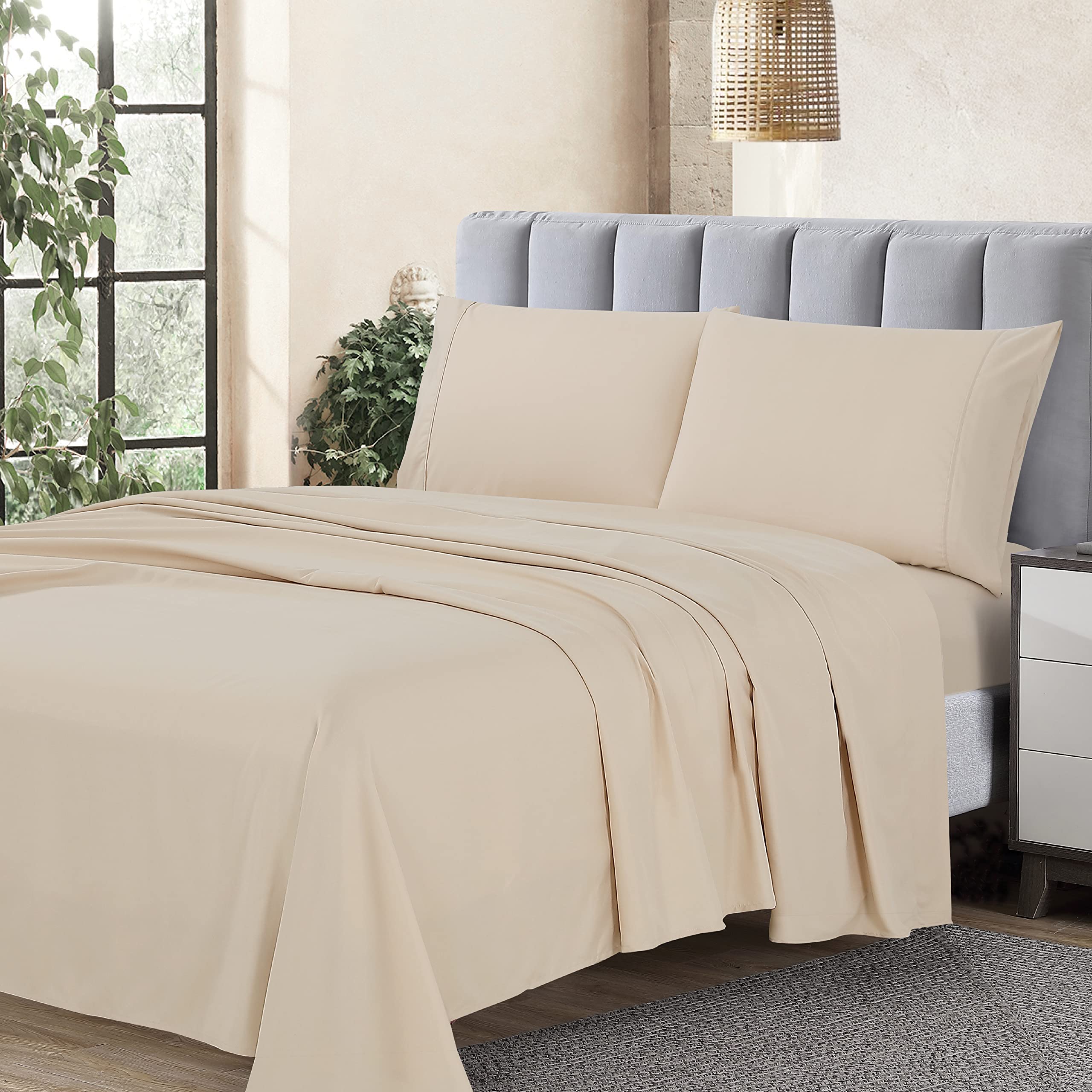 Cathay Home Essentials Ultra Soft Hypoallergenic Wrinkle Resistant Double Brushed Microfiber Bedding Sheet Set, Cream, Twin