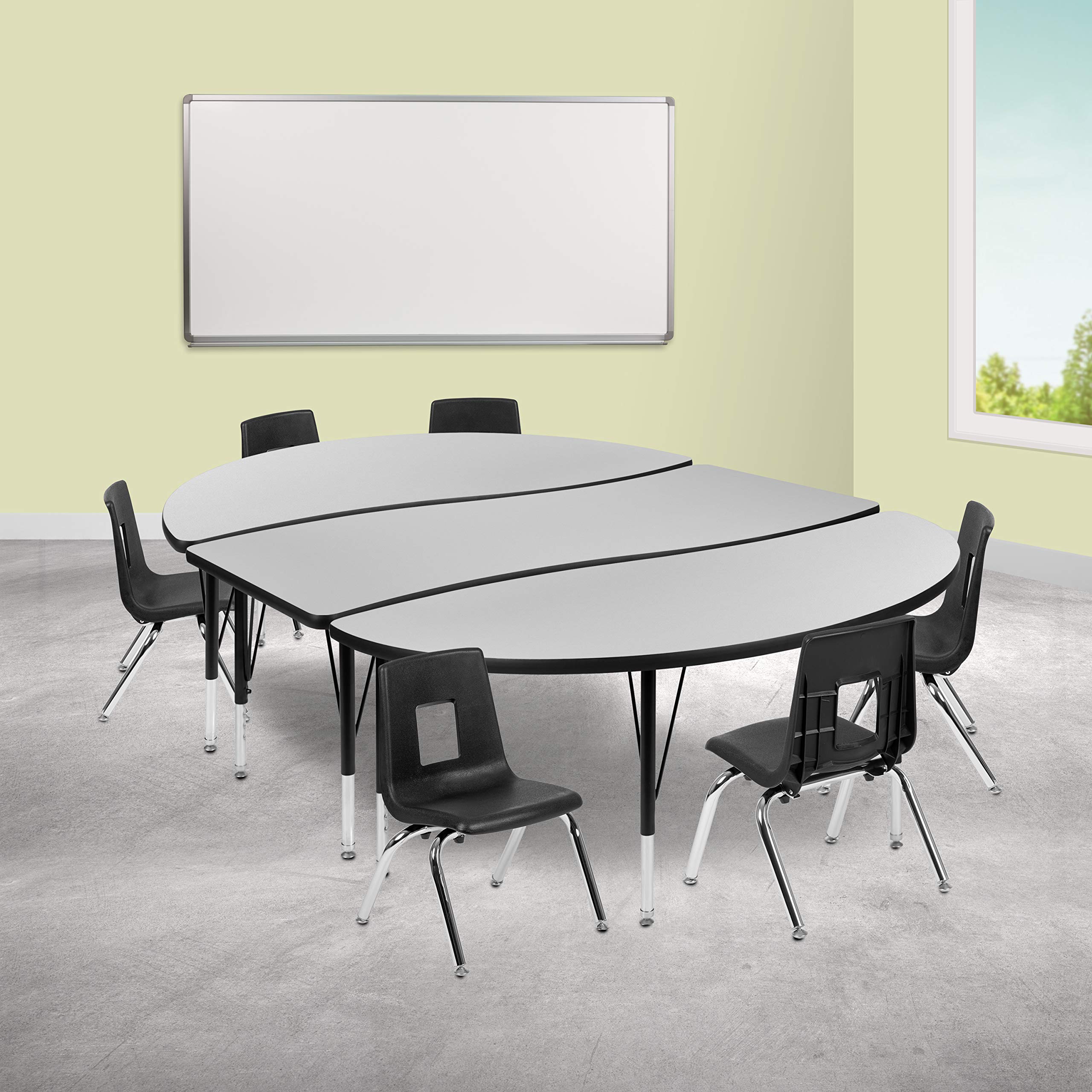 Flash Furniture 86 Oval Wave Collaborative Laminate Activity Table Set with 12 Student Stack Chairs, Grey/Black
