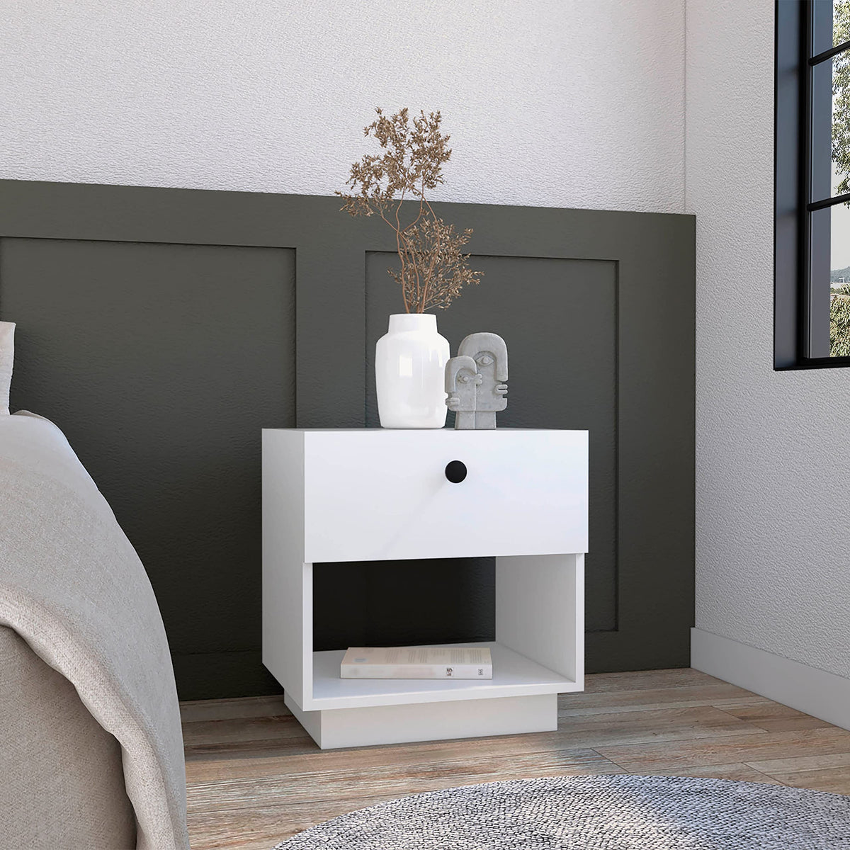 Single Drawer Nightstand 19&Quot; H With Open Storage Shelf, White
