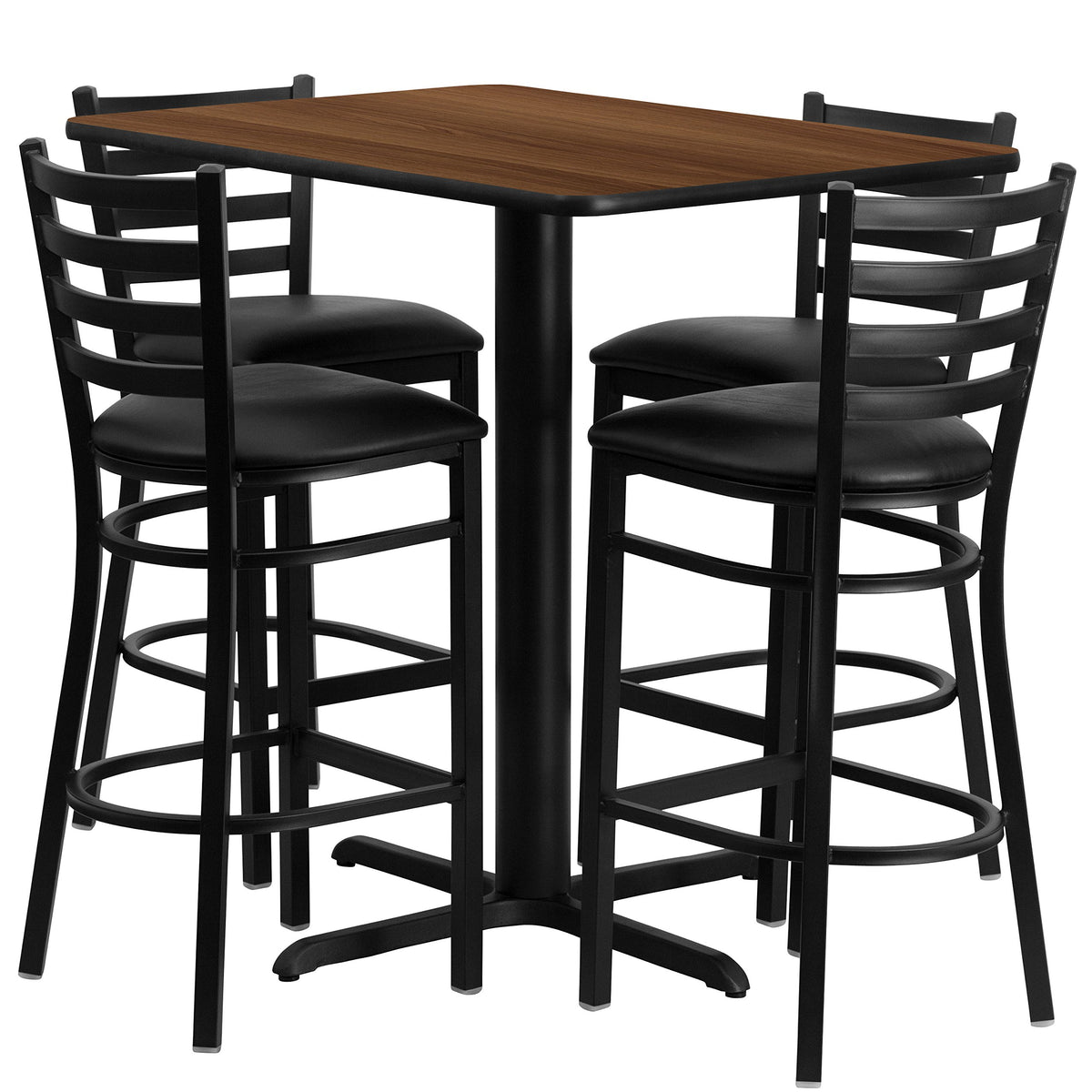 Flash Furniture 24''W x 42''L Rectangular Walnut Laminate Table Set with 4 Ladder Back Metal Barstools - Black Vinyl Seat