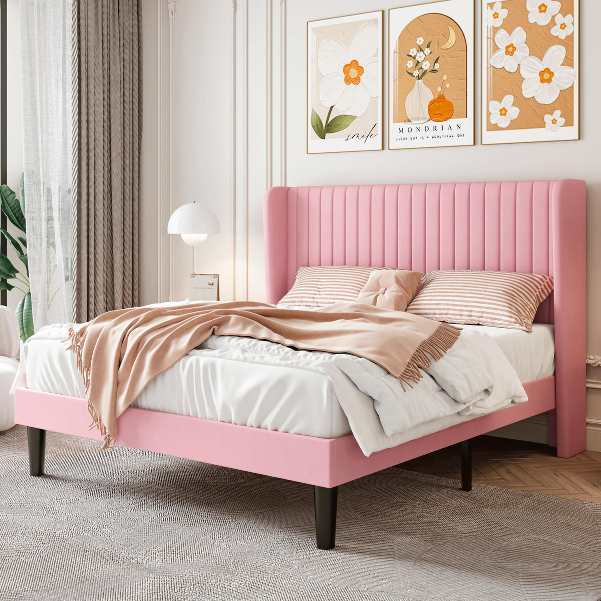 Sha Cerlin Queen Size Velvet Bed Frame With Vertical Channel Tufted Wingback Headboard, Upholstered Platform Bed With Wood Slats, No Box Spring Needed, Easy Assembly, Pink