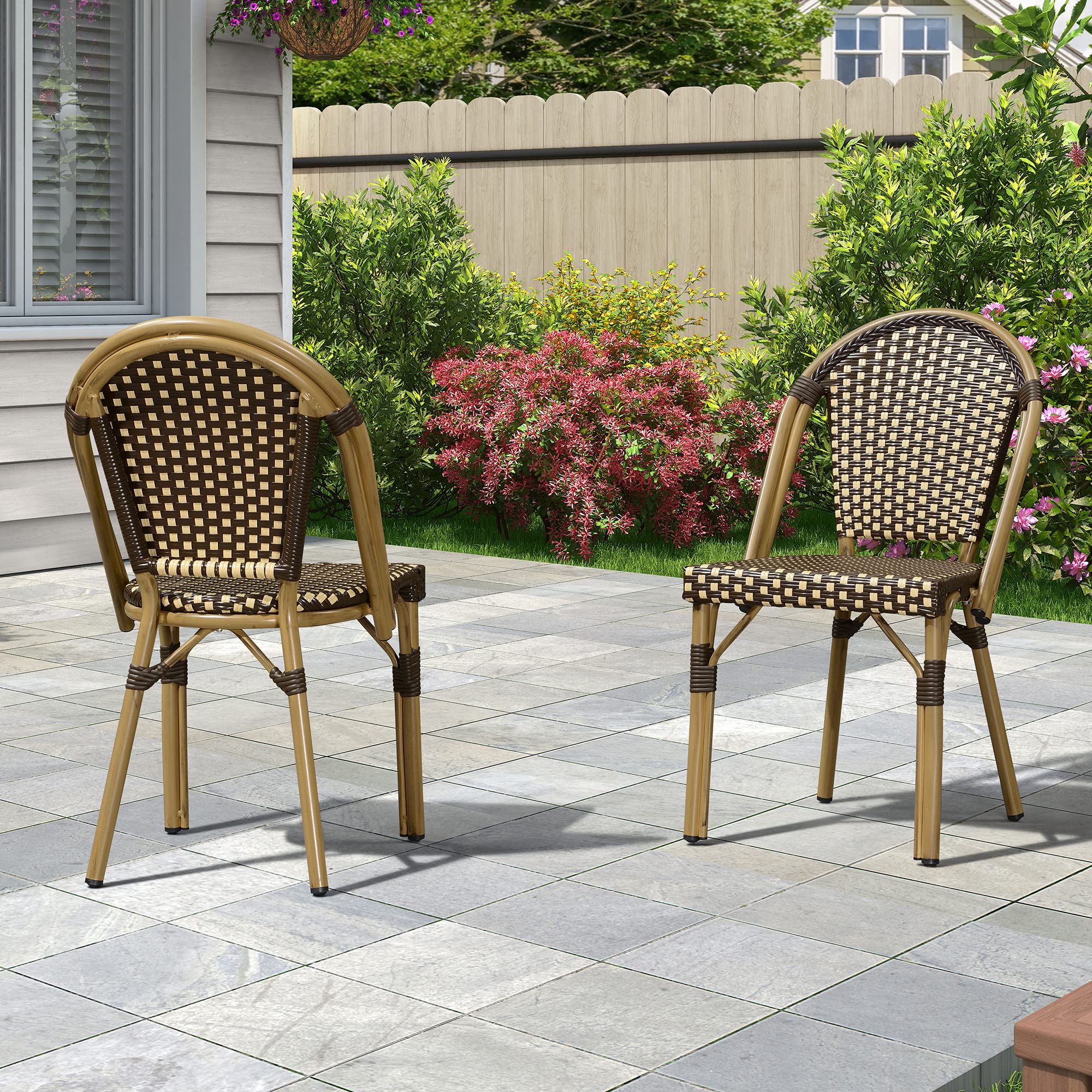 Purple Leaf Bistro Chair (Set Of 2) French Hand-Woven Wicker Chairs For Outdoor Patio Porch Garden Indoor, Bamboo Print Finish,