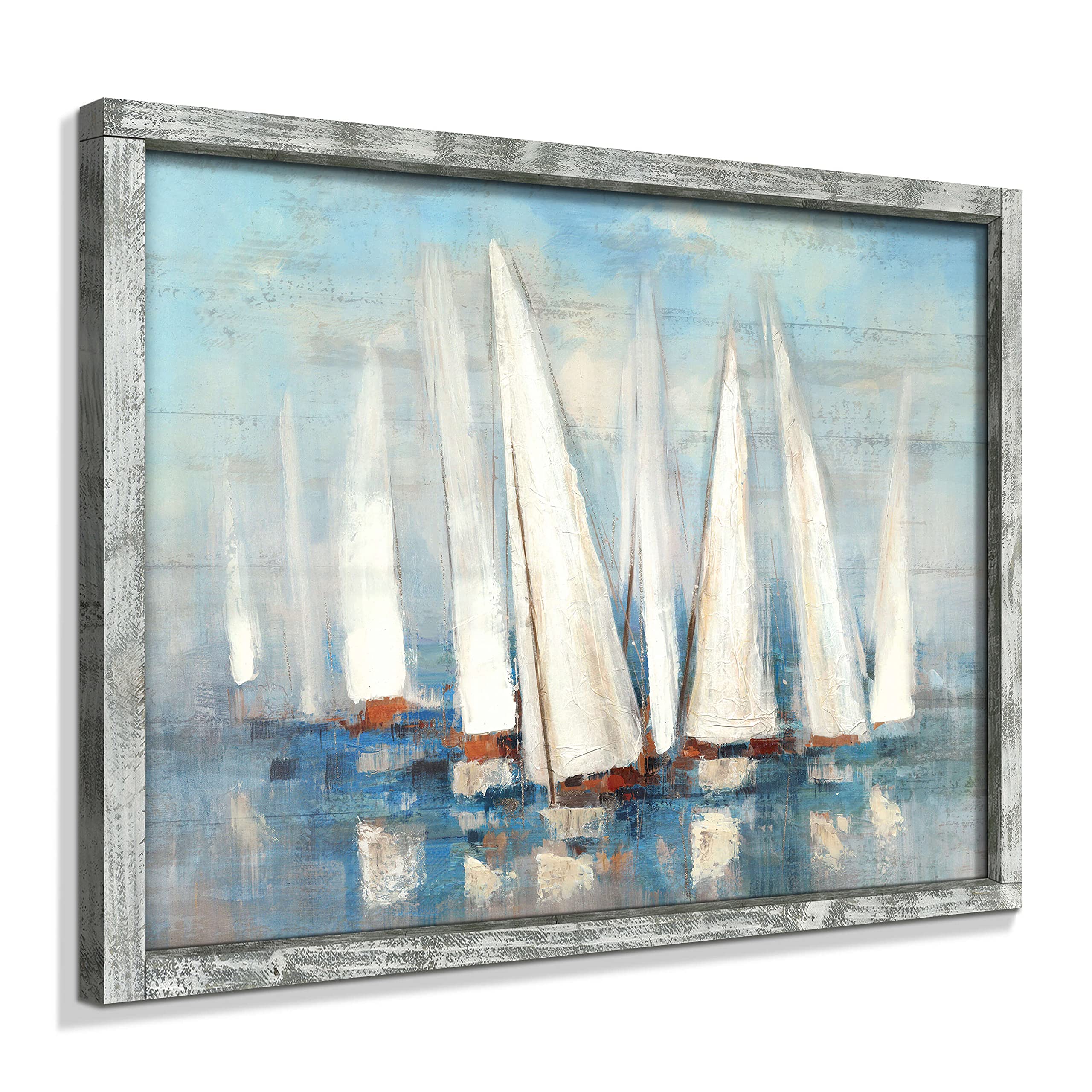 Coastal Framed Painting Wall Art: Abstract Ocean Artwork Seascape Picture Sailboat Prints on Wood in Modern Style for Bedroom 32