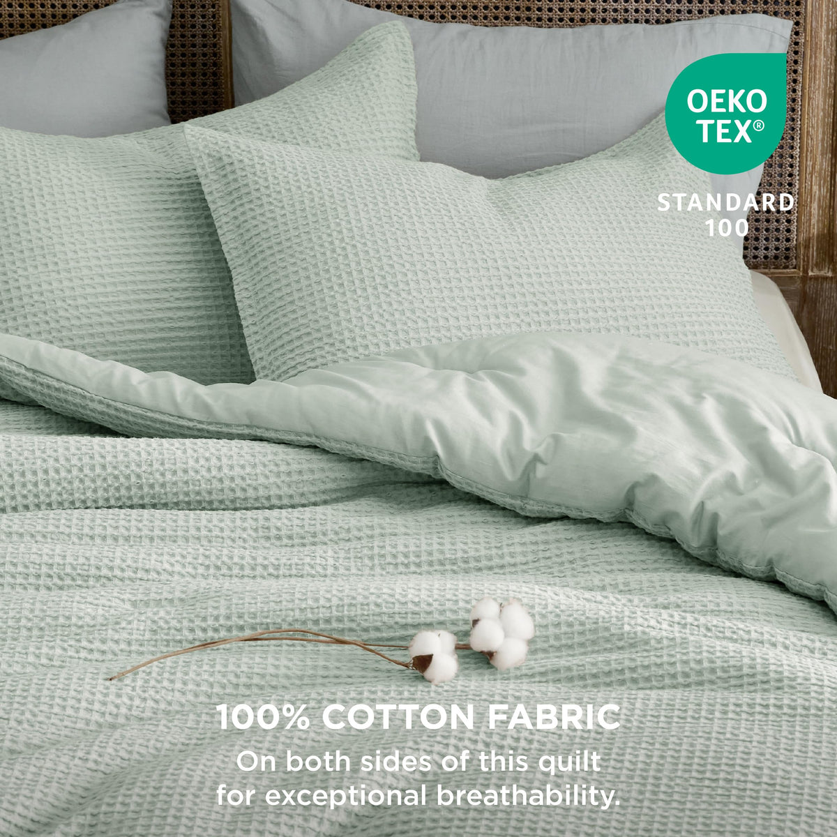 Bedsure Waffle Comforter Set King, Sage Green Cotton Bedding Set For All Seasons, Waffle Weave Bed Set, 3 Pieces, 1 Comforter (104'X90') And 2 Pillow Shams, Premium Cotton Cover With Polyester Fill