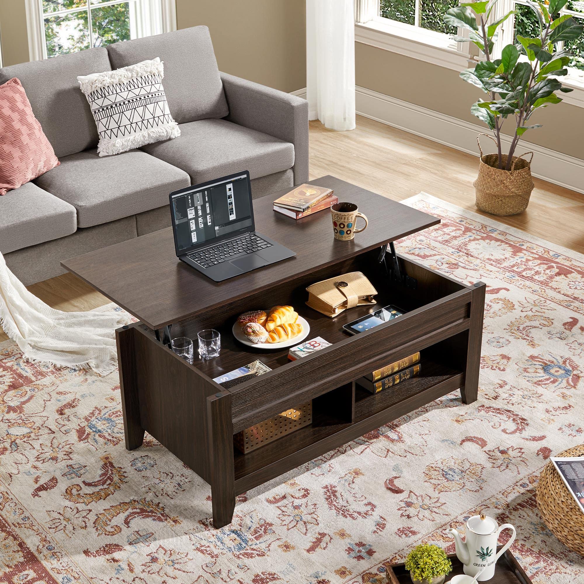 Yaheetech Lift Top Coffee Table With Hidden Storage Compartment & 2 Open Shelves, Rising Tabletop Pop Up Center Table For Living Room Reception Room, 47.5'' L, Espresso