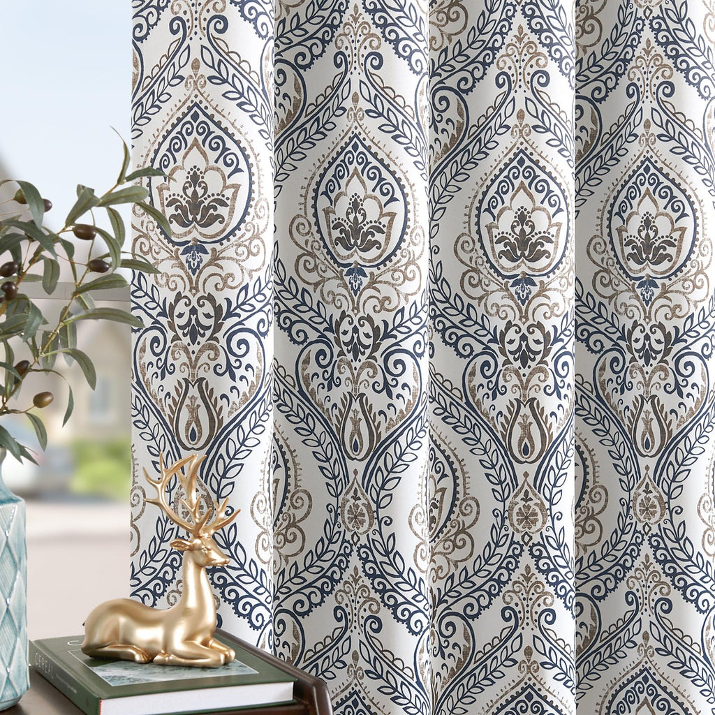 Jinchan 100% Blackout Curtains 90 Inch Length 2 Panels Blue Damask Medallion Window Curtains For Bedroom Grommet Thermal Insulated Drapes For Living Room Vintage Luxury Window Treatments Set