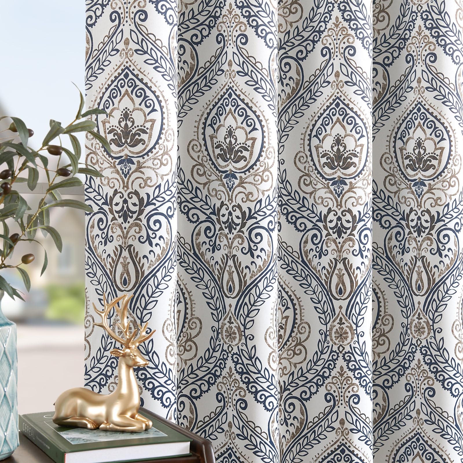 Jinchan 100% Blackout Curtains 90 Inch Length 2 Panels Blue Damask Medallion Window Curtains For Bedroom Grommet Thermal Insulated Drapes For Living Room Vintage Luxury Window Treatments Set