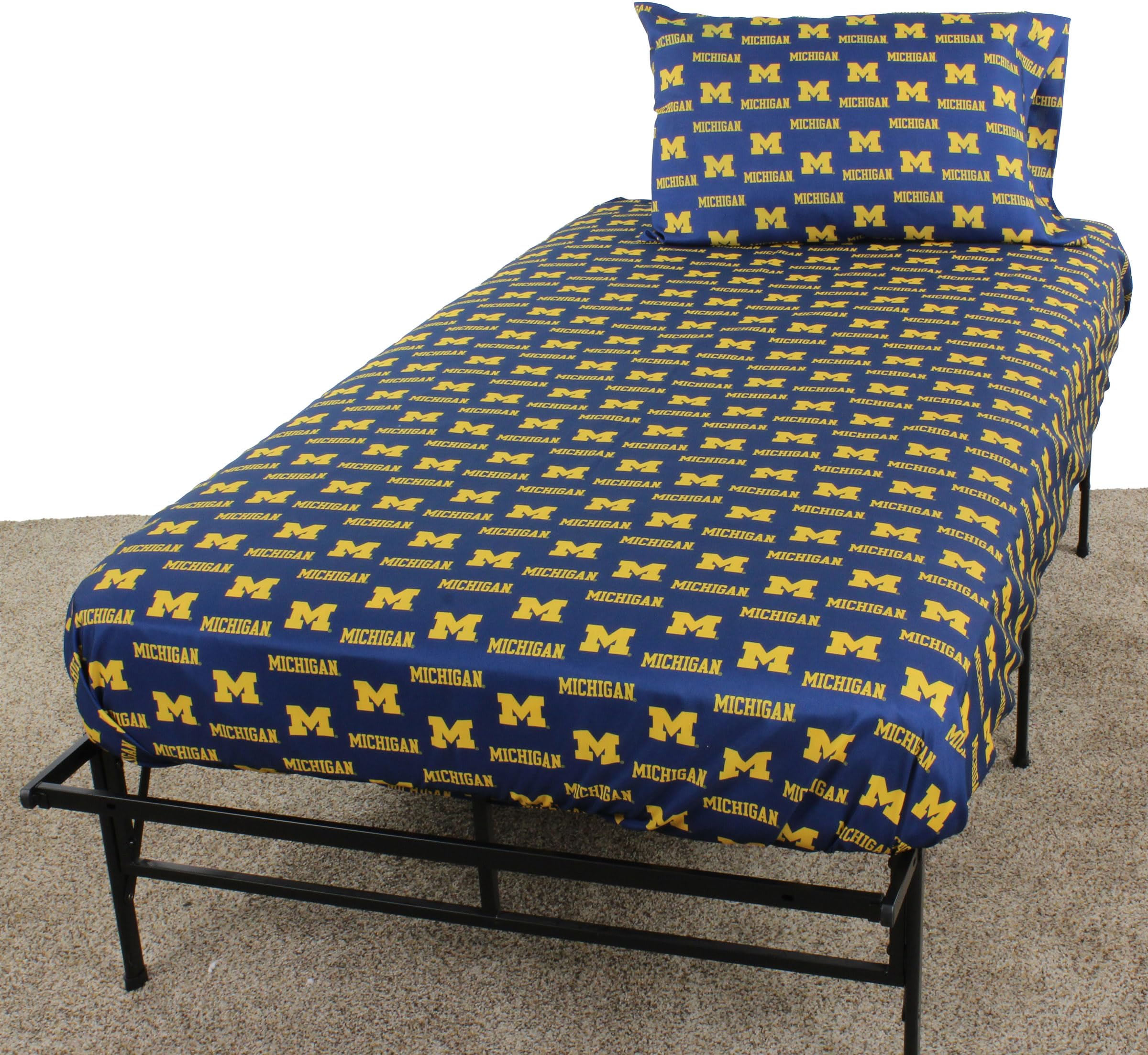 College Covers Everything Comfy Michigan Wolverines Full Sized 4 Piece Sheet Set, Team Color Background, 1 Flat Sheet, 1 Fitted 