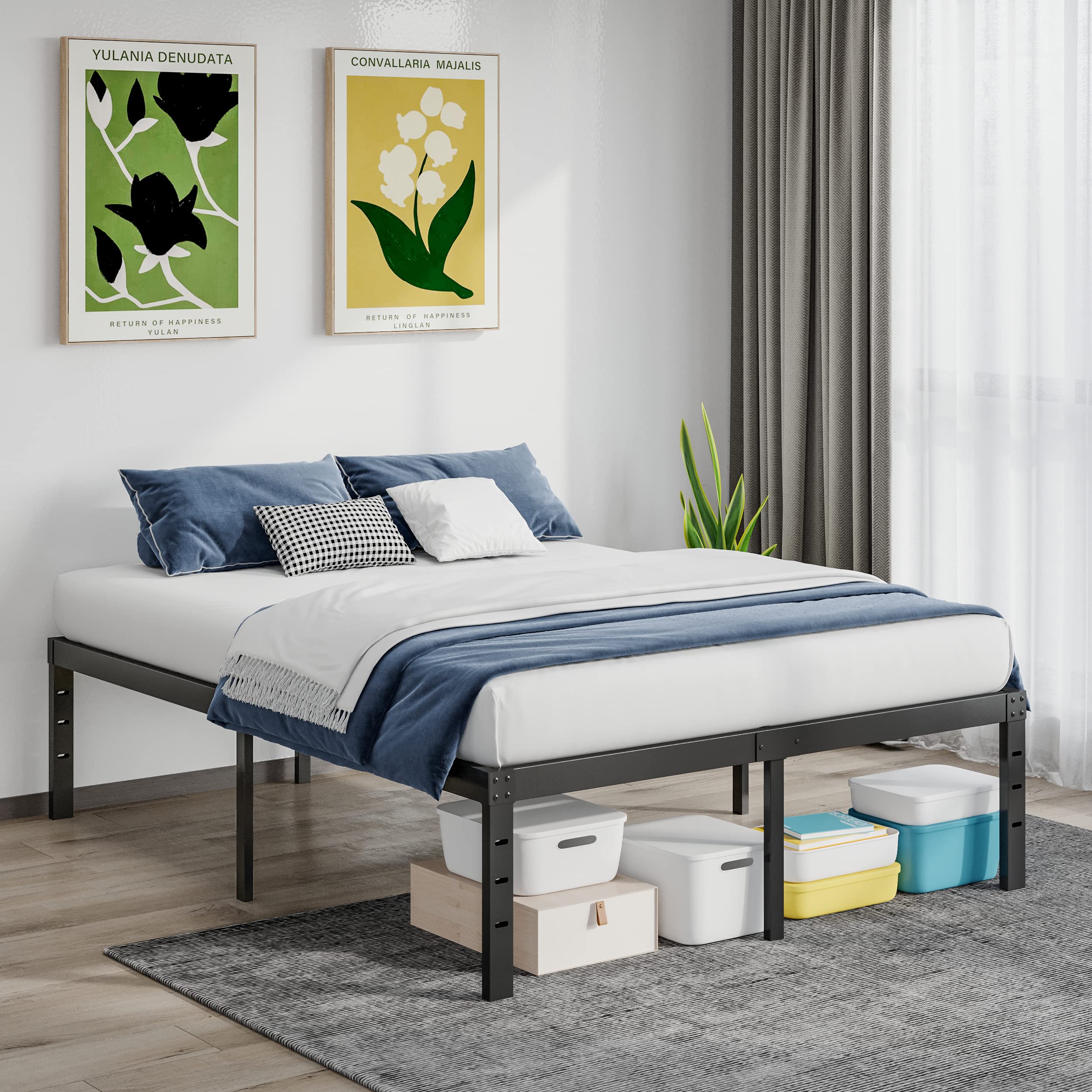 COMASACH Full Size Metal Platform Bed Frame, 18 Tall, Black, Heavy Duty, Supports 3500lbs, No Box Spring Needed, Easy Assembly
