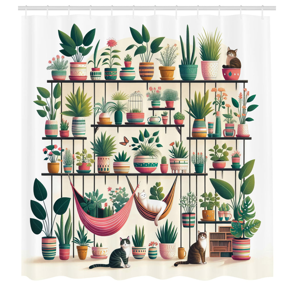 Ambesonne Aesthetic Shower Curtain, Indoor Garden Illustration With Cats And Bohemian Pots Print, Cloth Fabric Bathroom Decor Se