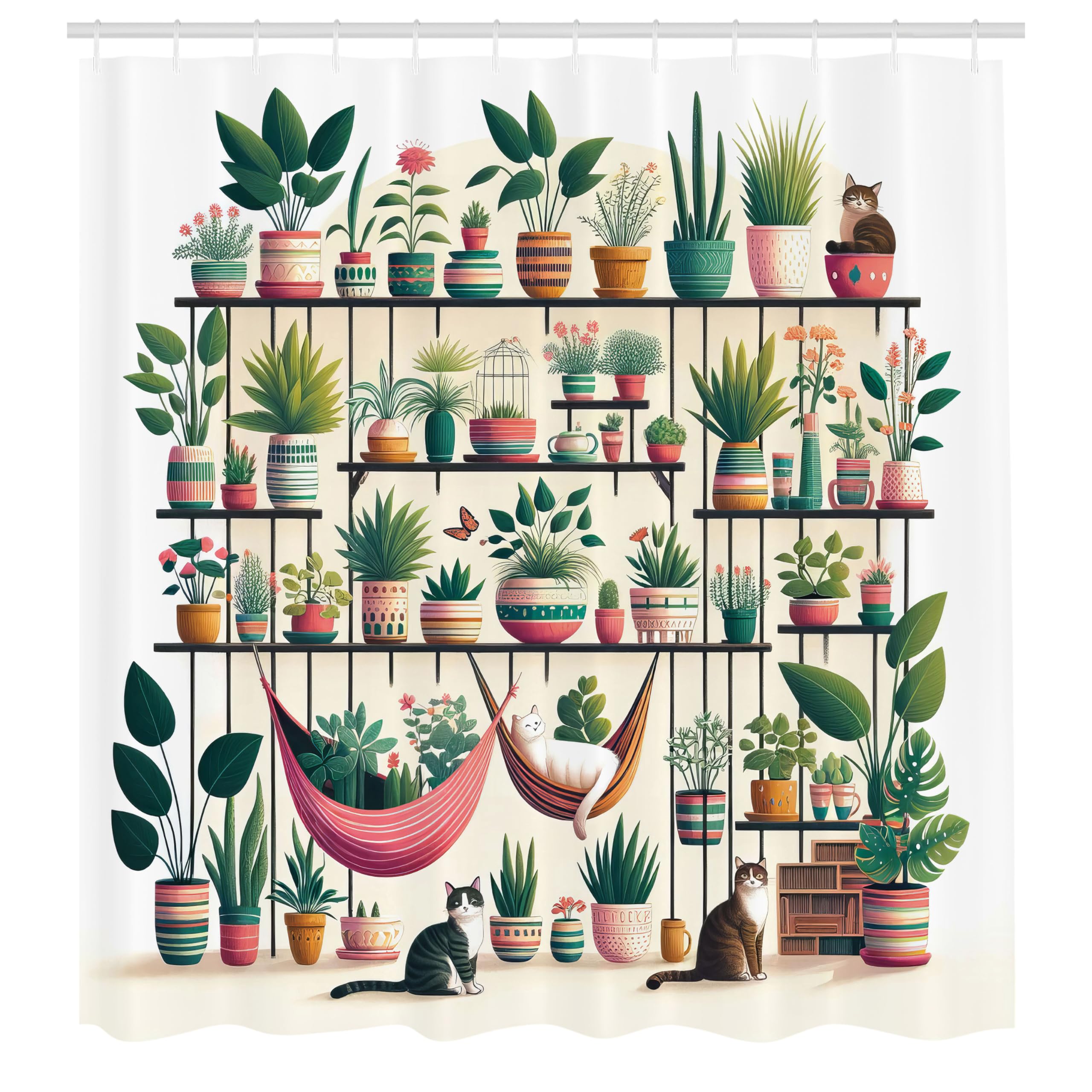 Ambesonne Aesthetic Shower Curtain, Indoor Garden Illustration With Cats And Bohemian Pots Print, Cloth Fabric Bathroom Decor Se