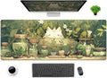 Cute Kawaii White Cat Anime Green Plant Leaves Desk Mat Large Mouse Pad Gaming Desk Pad, Xl Extended Mousepad Desk Accessories F