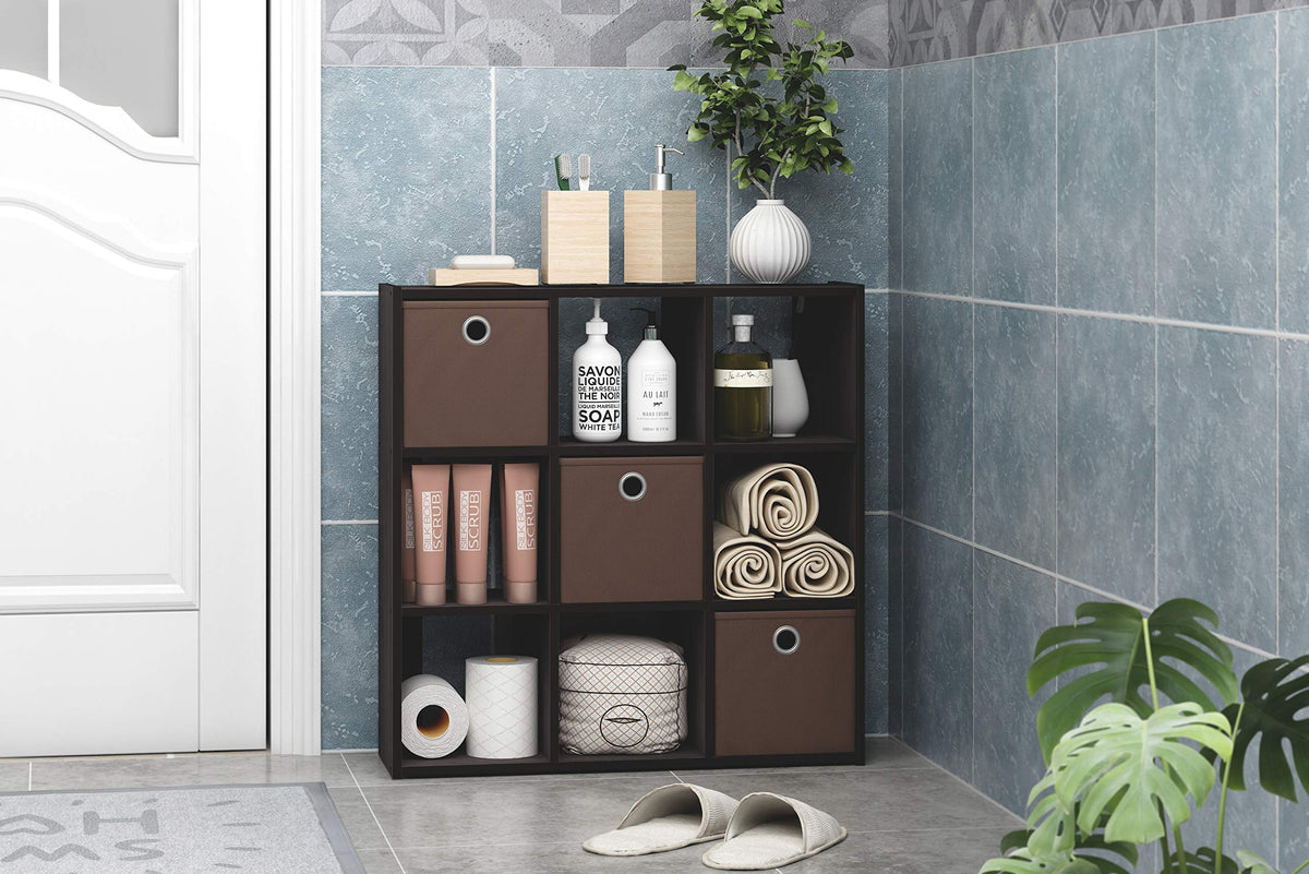 Furinno Simplistic 9-Cube Organizer with Bins, Small Size (Assembled Unit Dimensions : 7.9"D x 26.5"W x 26.7"H Inches), Dark Walnut