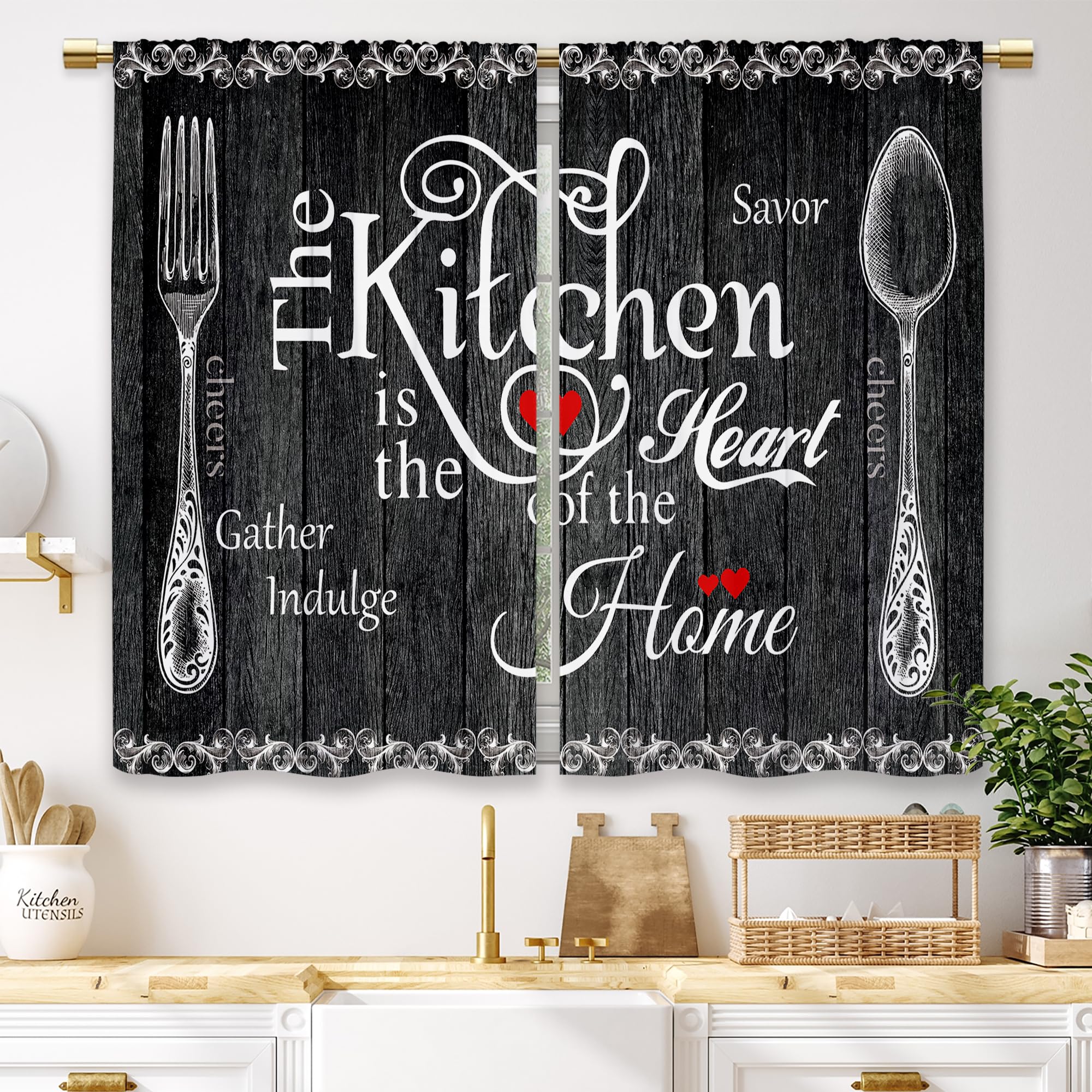 Laifzere Black Farmhouse Rustic Kitchen Curtains Wooden Wood Small Short Cafe Window Curtains Vintage Fork Spoon Retro Barn Bath