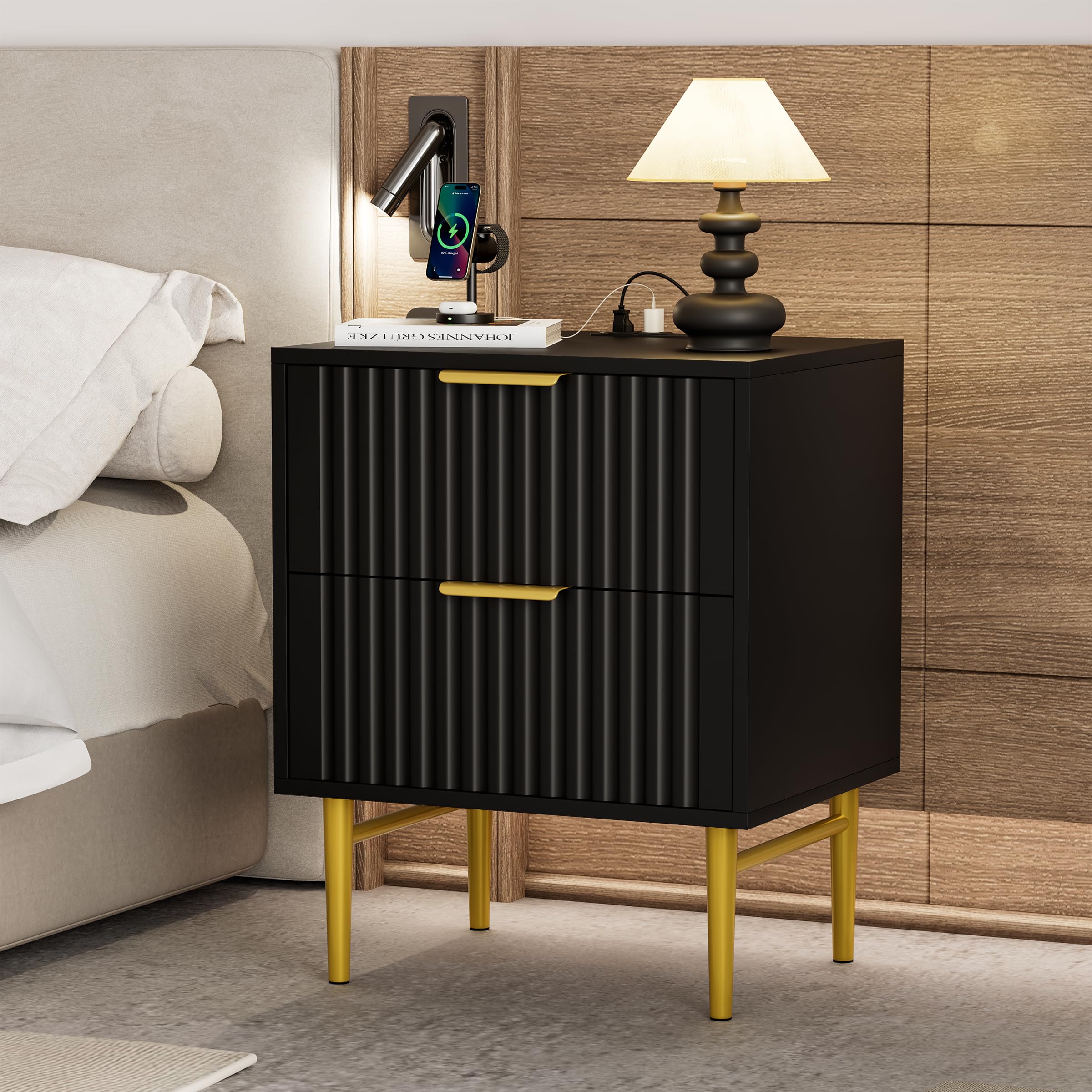 HQZX Black Night Stand with Charging Station, Fluted Nightstand with 2 Drawers, Modern Bedside Table for Bedroom, End Table with