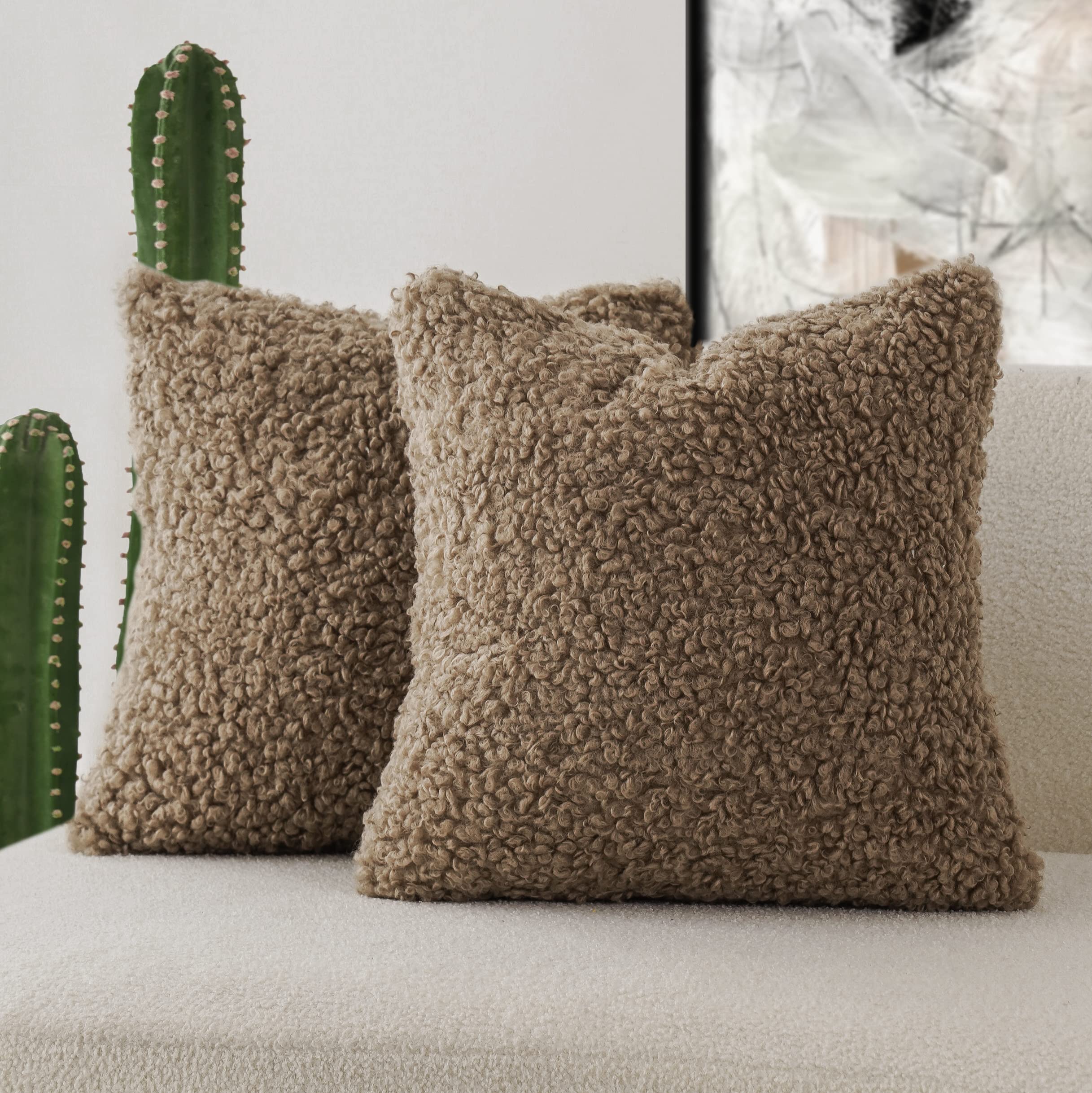 Foindtower 2 Pieces Teddy Faux Fur Throw Pillow Cover Decorative Sherpa Pillow Fuzzy Sheepskin Accent Cushion Case Soft Fleece P