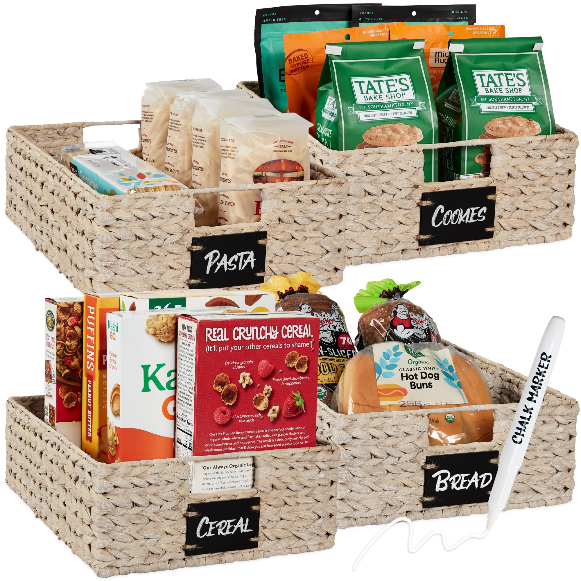 Best Choice Products Set of 4 16x12in Large Water Hyacinth Pantry Baskets, Woven Organizers w/Chalkboard Label, Chalk Marker - W