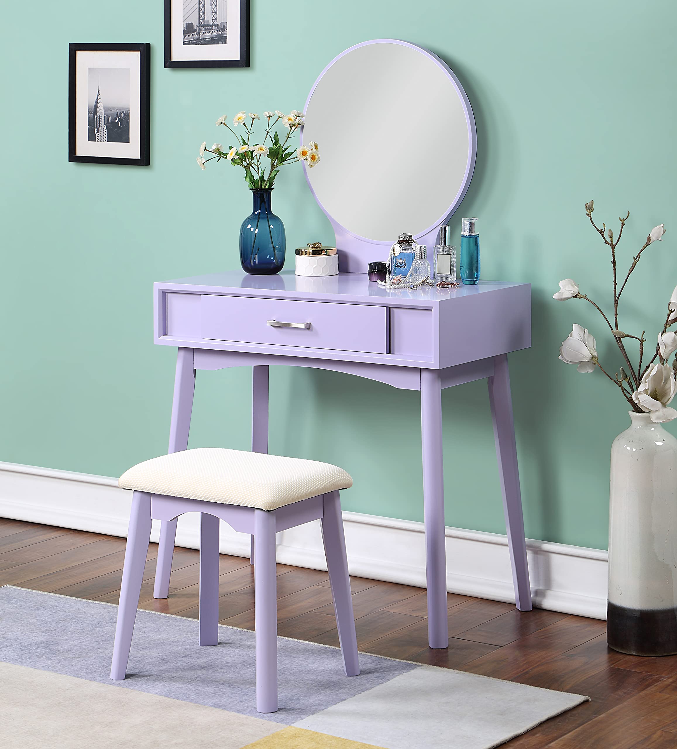 Maly Contemporary Wood Vanity And Stool Set, Purple