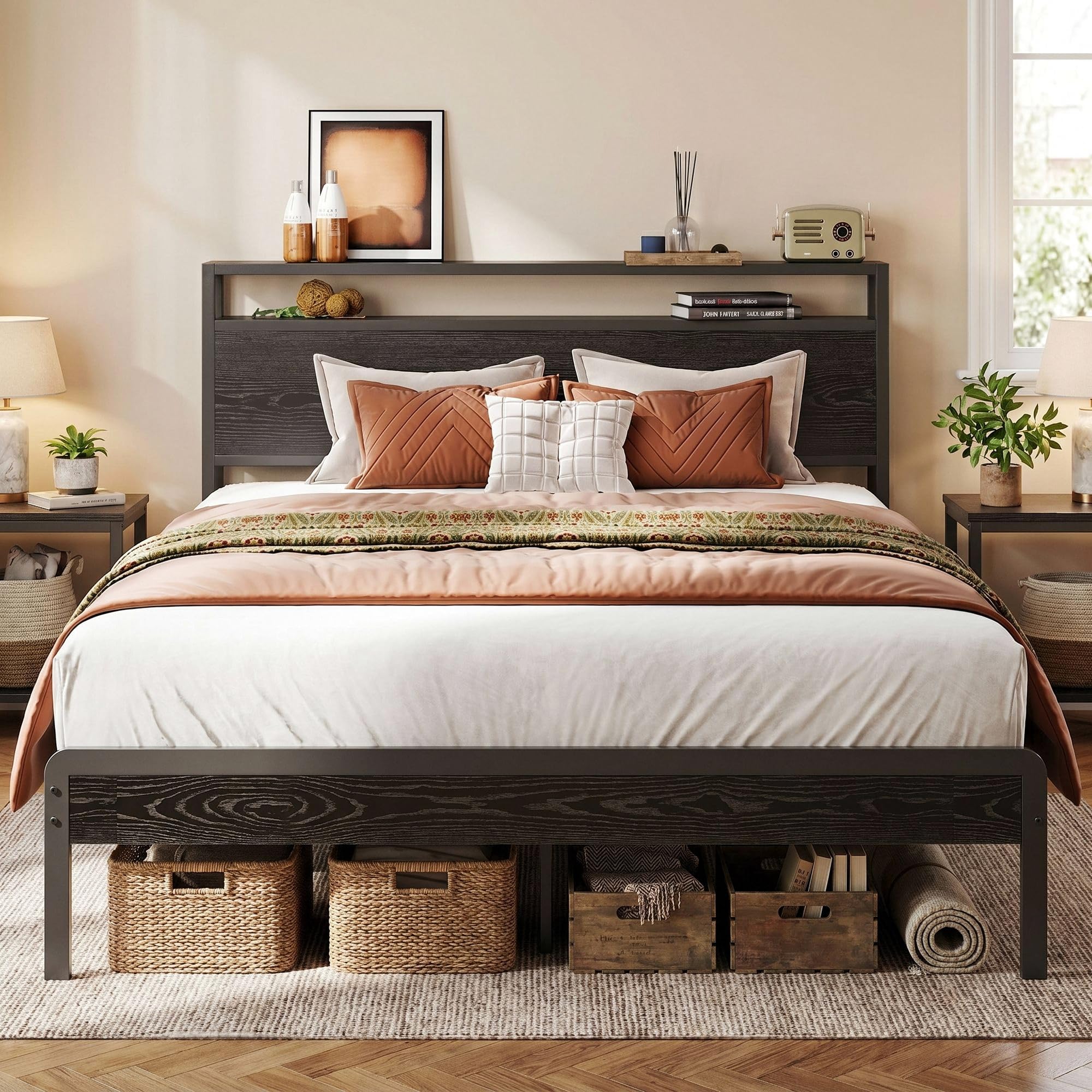 LIKIMIO Full Bed Frame with Headboard, Dark Wood Camas Full with Strong Supports, Sturdy, Noise-Free, No Box Spring Needed, Blac