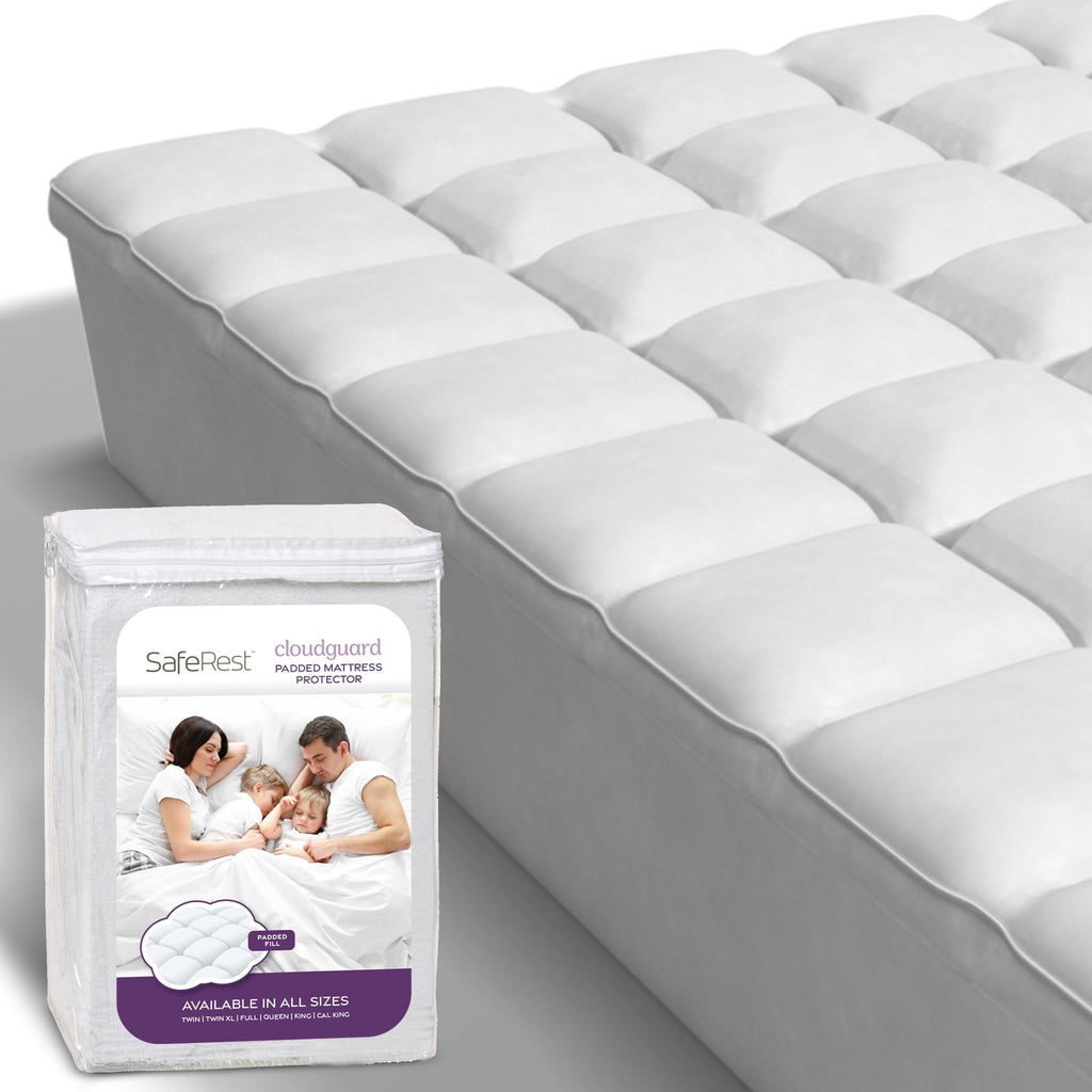 SafeRest CloudGuard King Size Hybrid Mattress Protector & Pad - Extra Padded Waterproof Quilted Pillow Top Mattress Cover - White