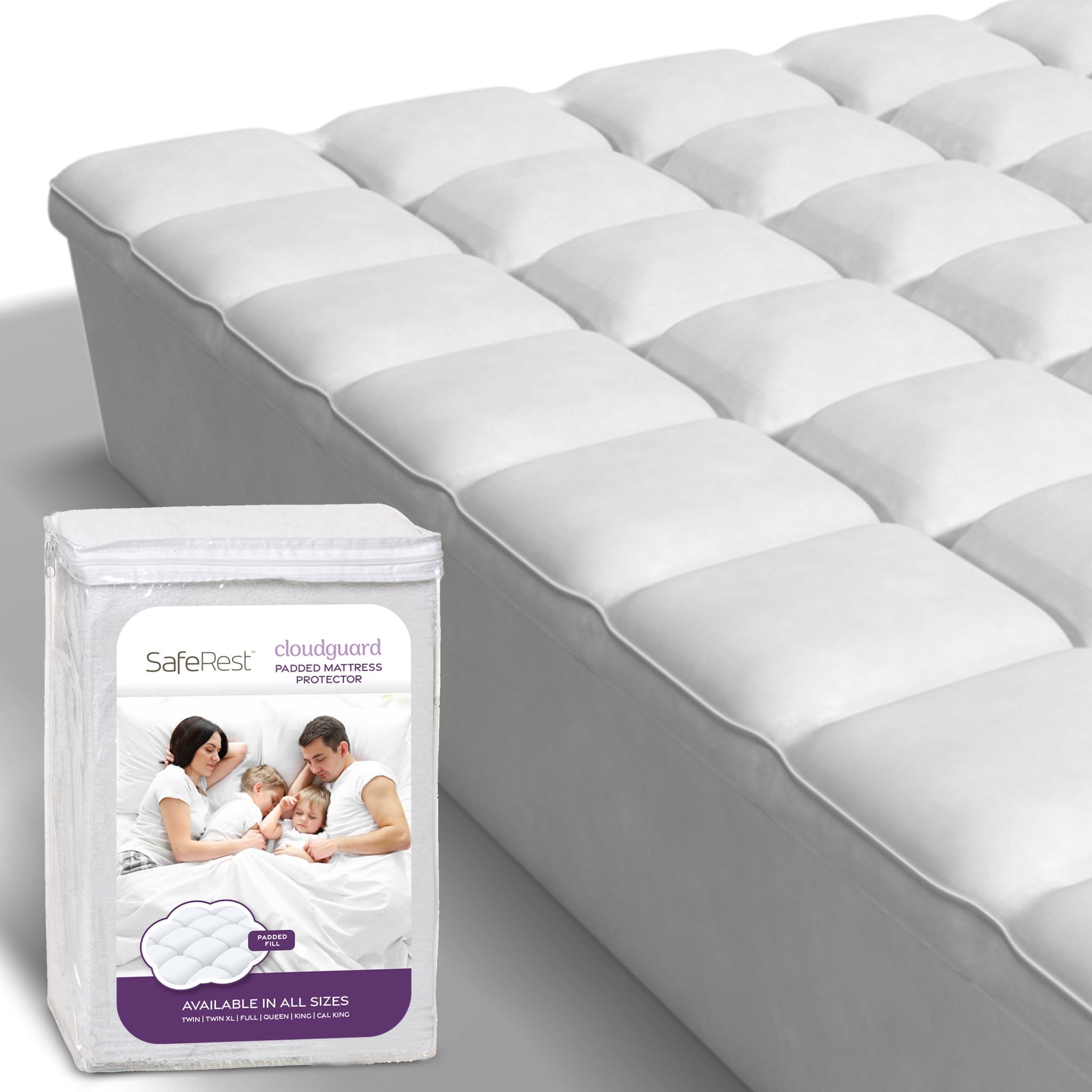 SafeRest CloudGuard King Size Hybrid Mattress Protector & Pad - Extra Padded Waterproof Quilted Pillow Top Mattress Cover - White