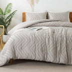 Litanika Linen Queen Size Comforter Sets, 3 Pieces Lightweight Chevron Tufted Bedding Comforter Set, Fluffy Down Alternative Com