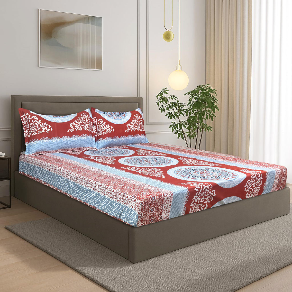 Signature Cotton Rich 88 * 90 Inches 380 Gsm Fitted Elastic Bed Sheet With Pillow Covers (The Positive Circle, Bedsheet Only)