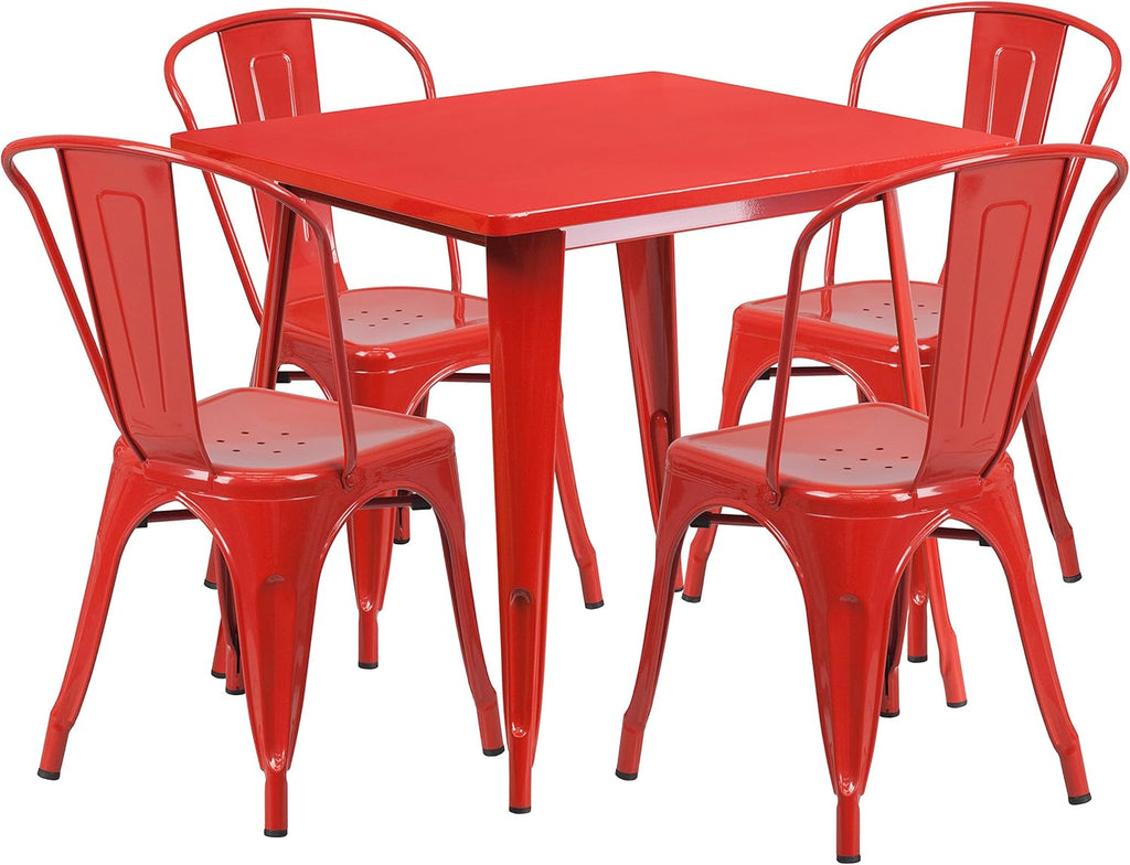 Commercial Grade 31.5 Square Red Metal Indoor-Outdoor Table Set with 4 Stack Chairs