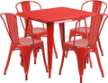 Commercial Grade 31.5 Square Red Metal Indoor-Outdoor Table Set with 4 Stack Chairs