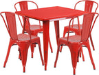 Commercial Grade 31.5 Square Red Metal Indoor-Outdoor Table Set with 4 Stack Chairs