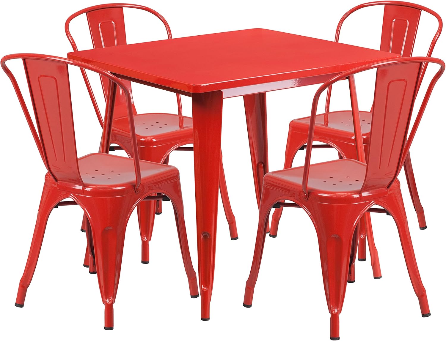Commercial Grade 31.5 Square Red Metal Indoor-Outdoor Table Set with 4 Stack Chairs