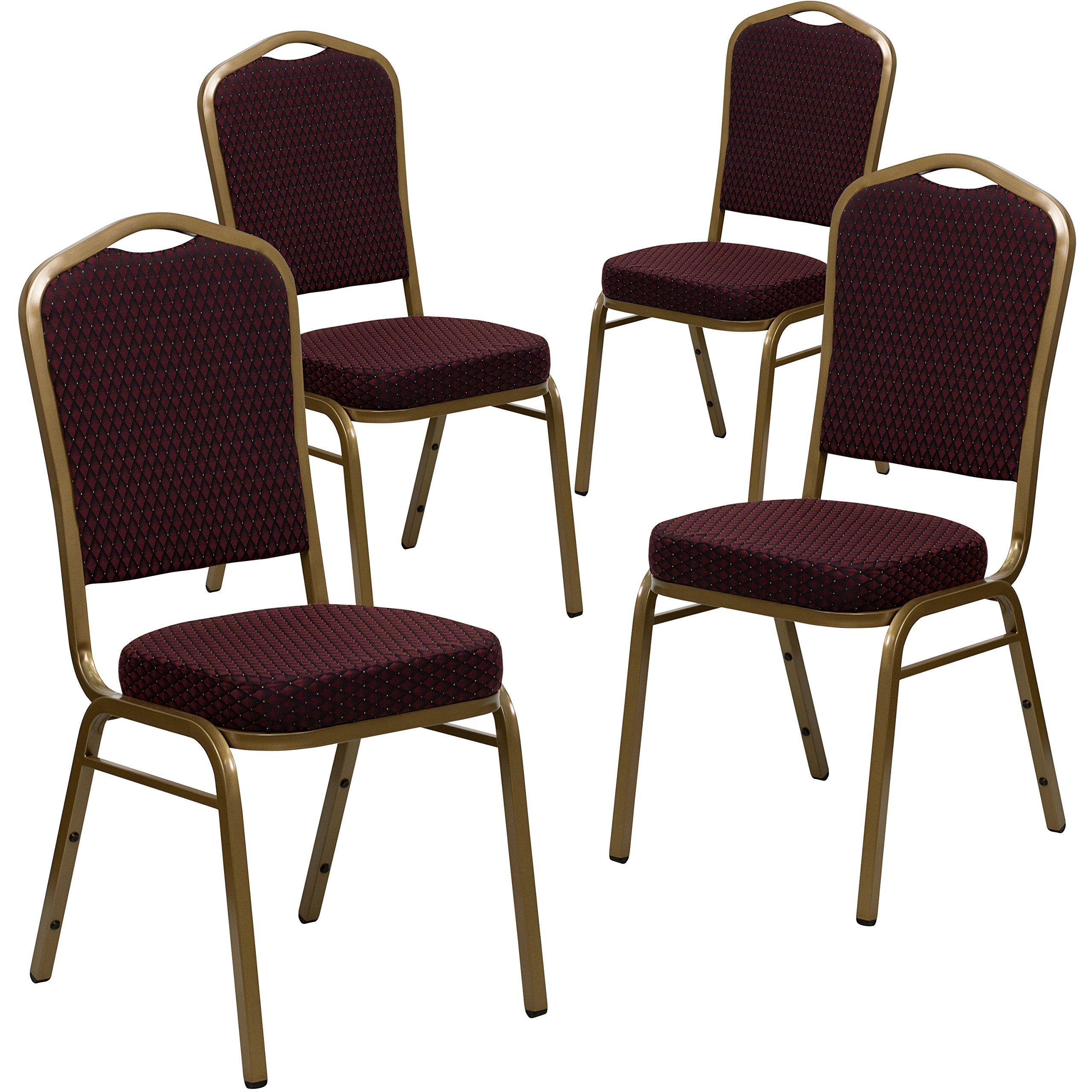 4 Pk. Stacking Chair with Burgundy Patterned Fabric - Gold Frame