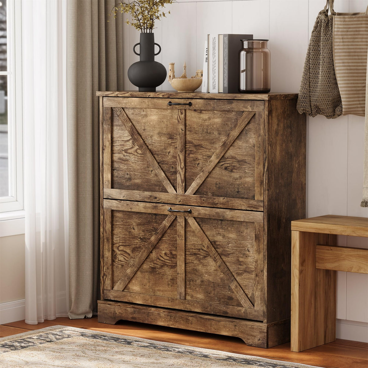 Semiocthome Farmhouse Shoe Storage Cabinet with 2 Flip Drawers, 31.5(W) Freestanding Shoe Organizer with Barn Door and Metal Ha