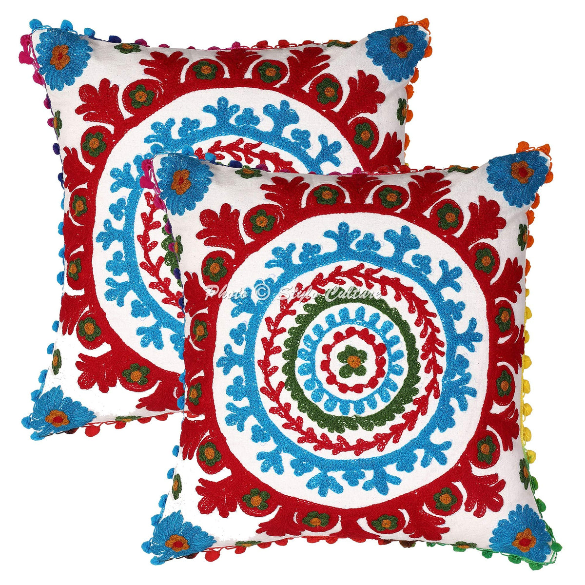 Stylo Culture Decorative Cotton Cushion Covers 16X16 Inch Suzani Embroidered Pom Pom Lace White & Red Drawing Room Decor Floral