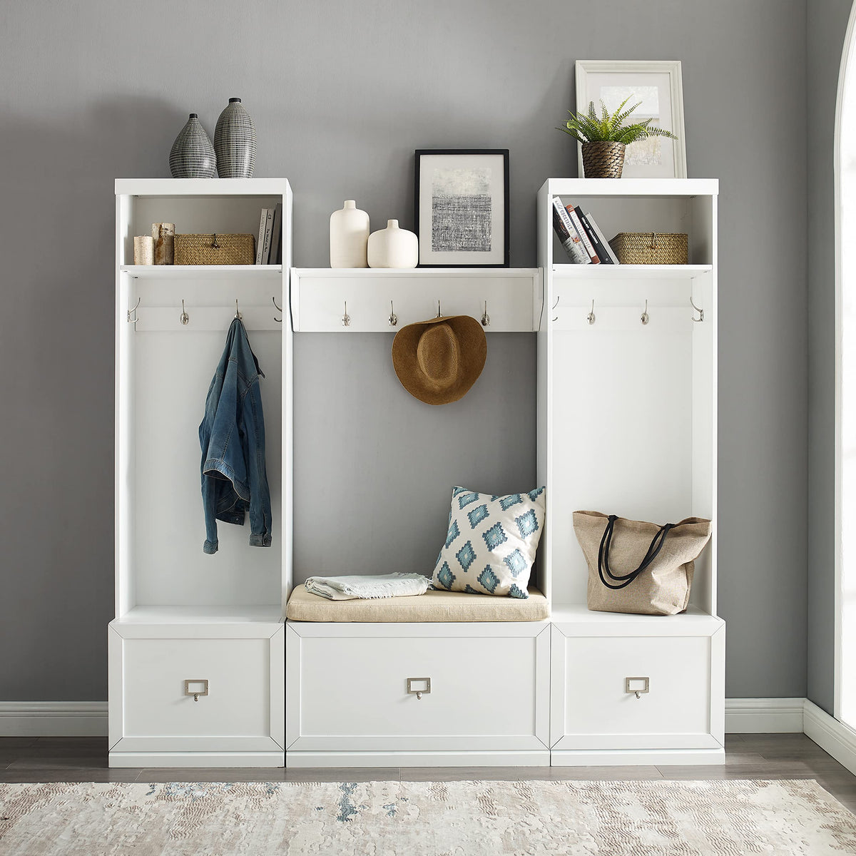 Crosley Furniture Harper 4-Piece Hall Tree, Storage Bench, And Wall Shelf Set With Coat Rack Hooks For Hanging, White