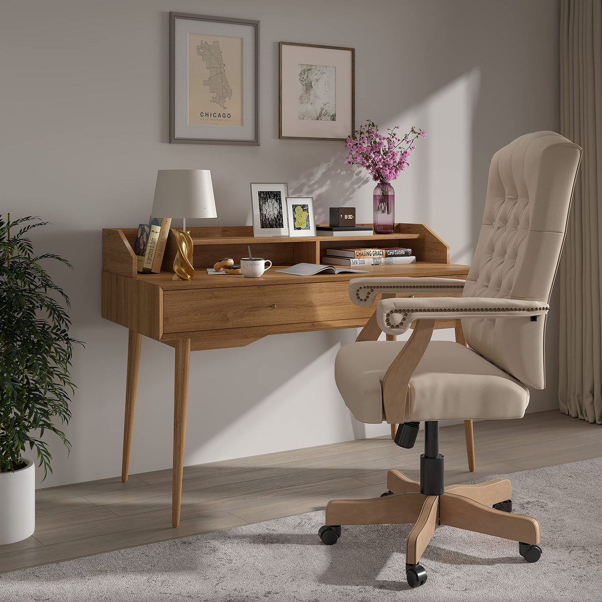 Flash Furniture Derrick Traditional Microfiber Tufted Swivel Office Chair with Wood Base, Ergonomic Farmhouse High-Back Desk Chair, Ivory/Brown