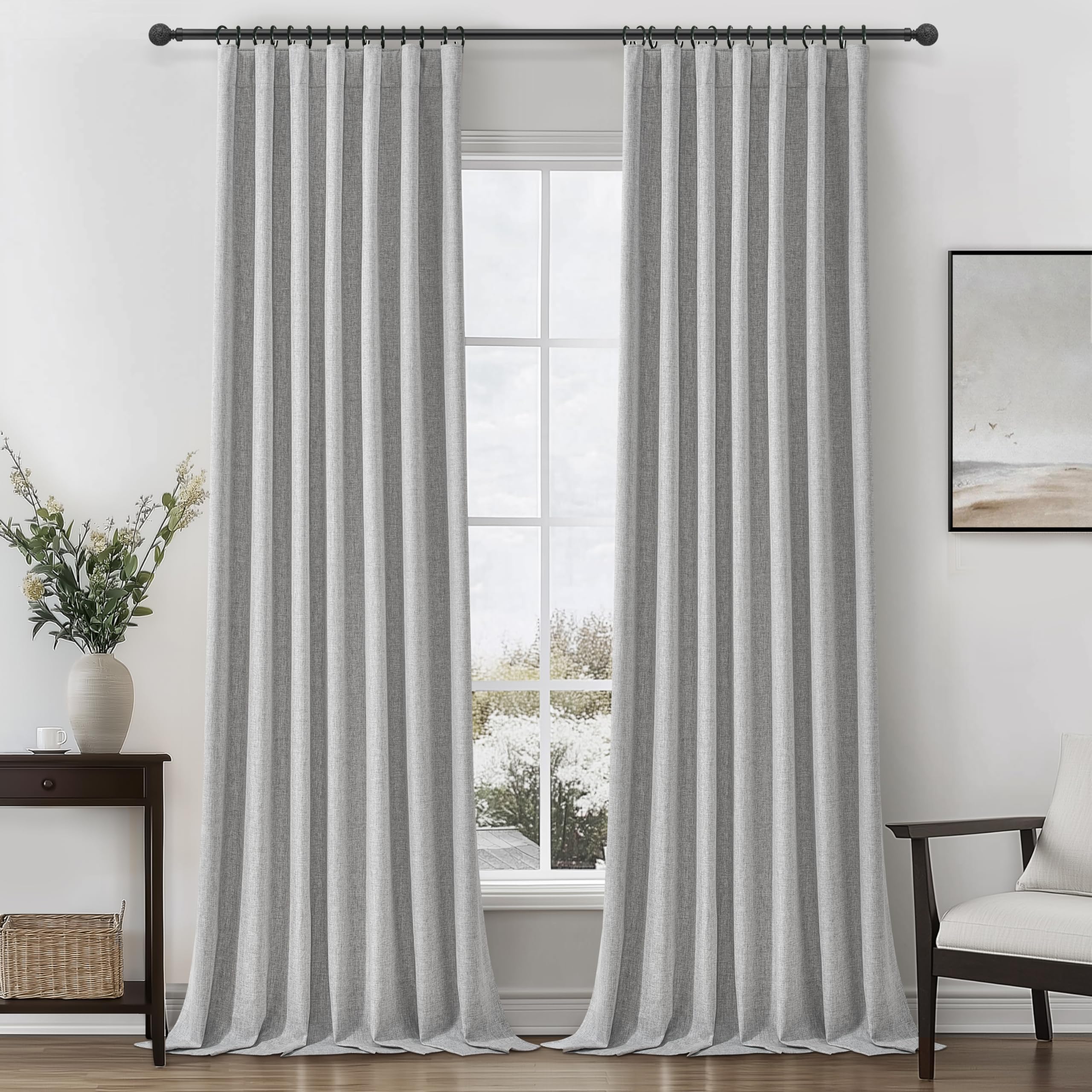 Gray 108 Inch Extra Long Blackout Curtains for Bedroom 2 Panels Set, Boho Room Darkening Pleated Flax Linen Blend Window Curtain